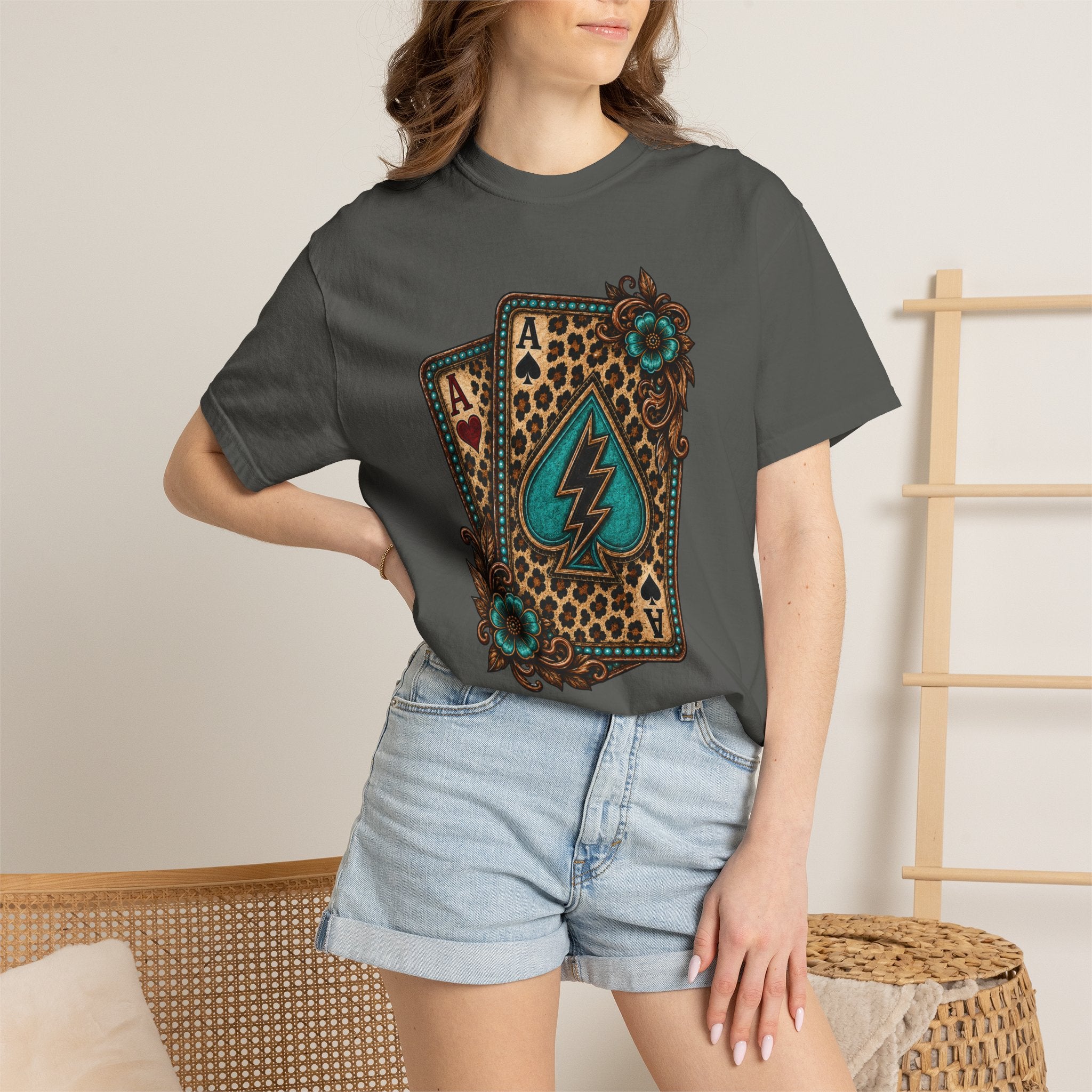 Leopard Ace Playing Cards T-Shirt — Turquoise Lightning Spade Graphic