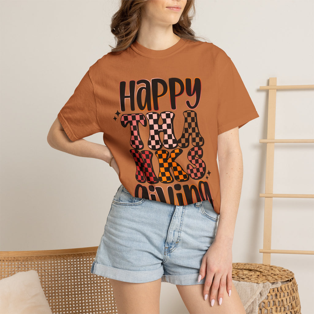 Happy Thanksgiving T-Shirt — Retro Plaid & Leopard Fall Tee