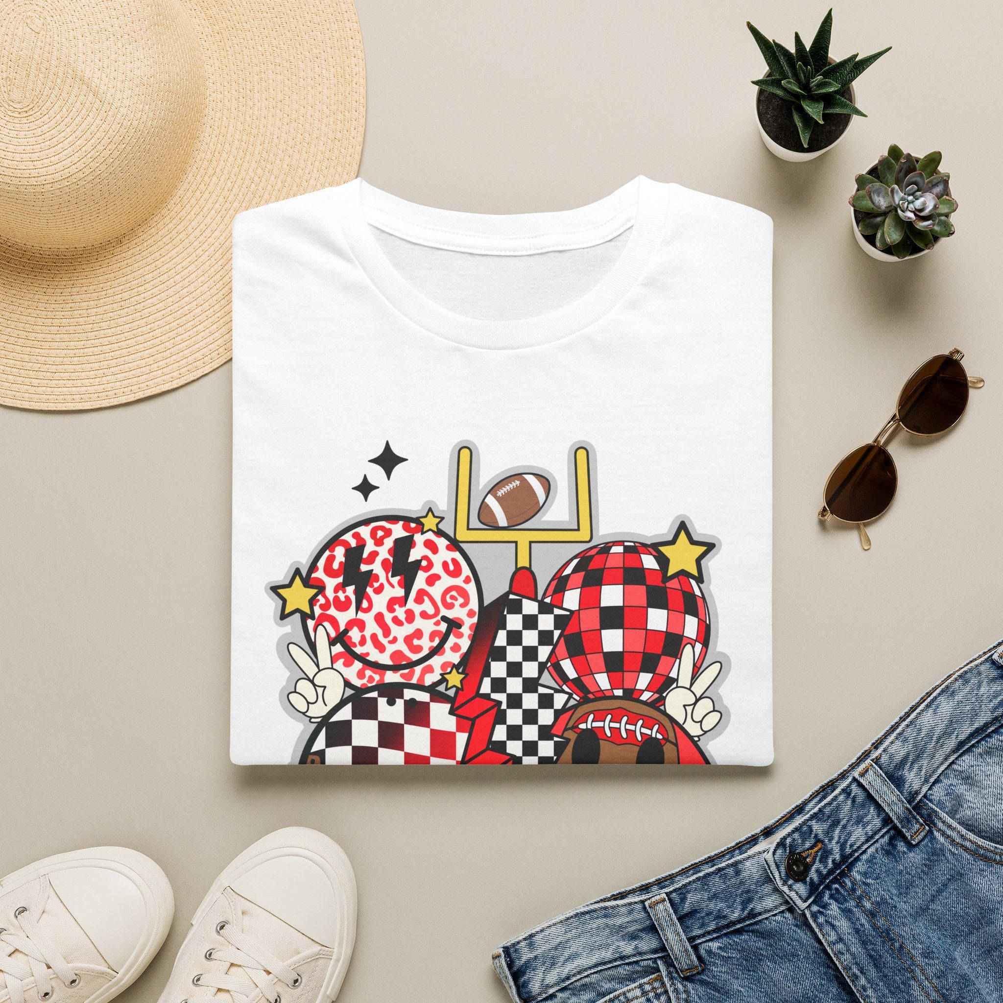 Football Love Graphic T-Shirt — Cute Checker & Heart Helmet Design