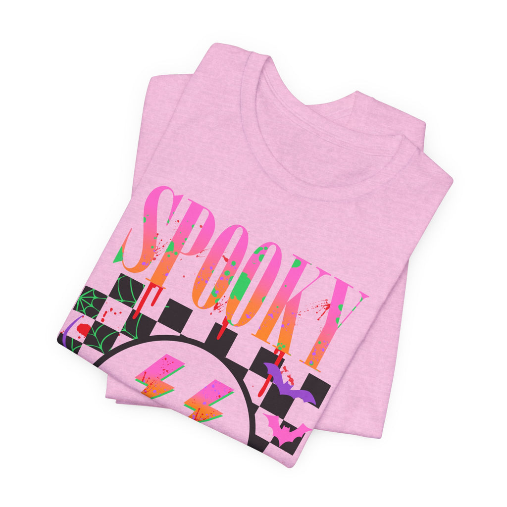 Spooky Checkerboard Tee — Neon Ghost Lightning Graphic T‑Shirt