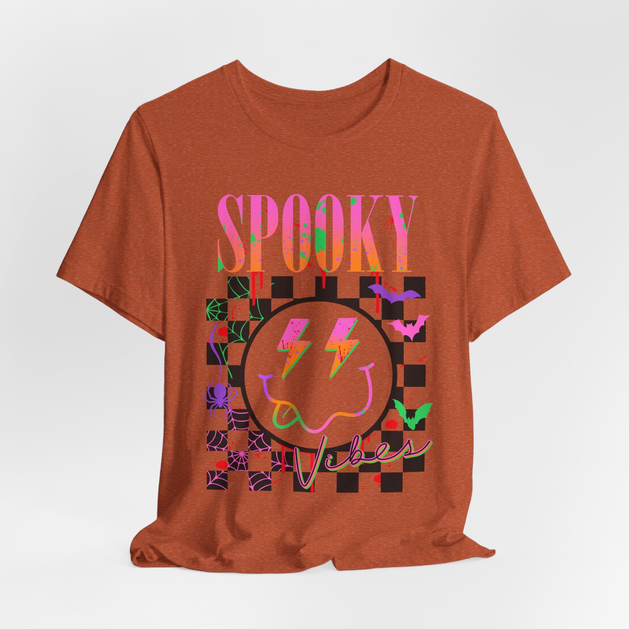 Spooky Checkerboard Tee — Neon Ghost Lightning Graphic T‑Shirt