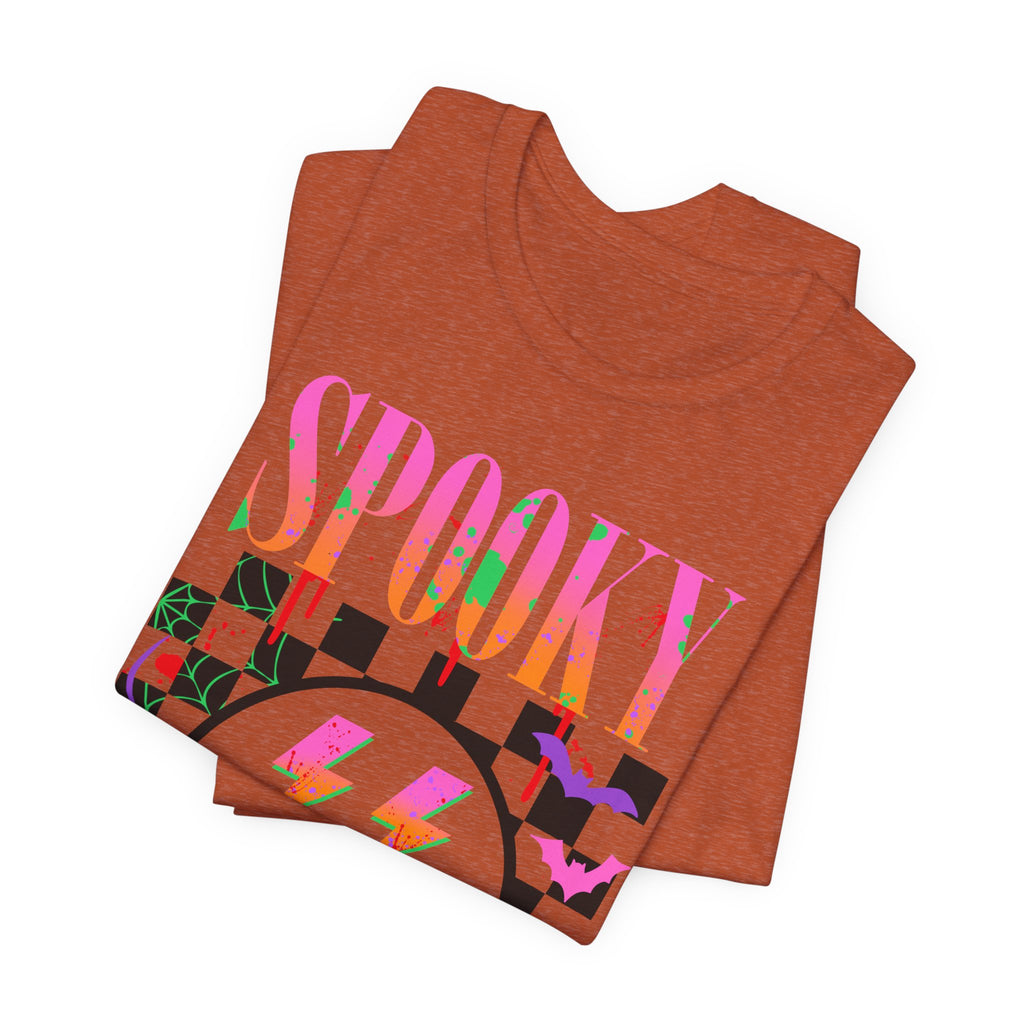 Spooky Checkerboard Tee — Neon Ghost Lightning Graphic T‑Shirt