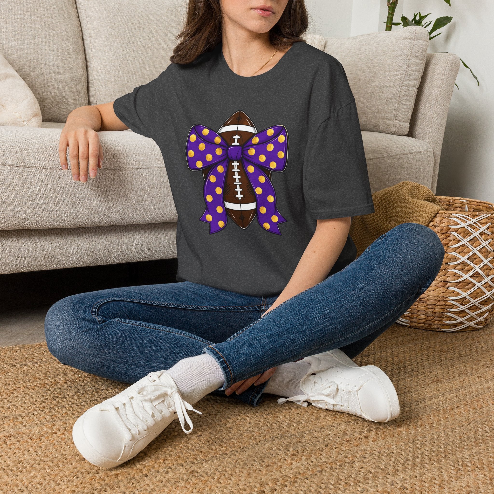 Football With Purple Polka Dot Bow T‑Shirt