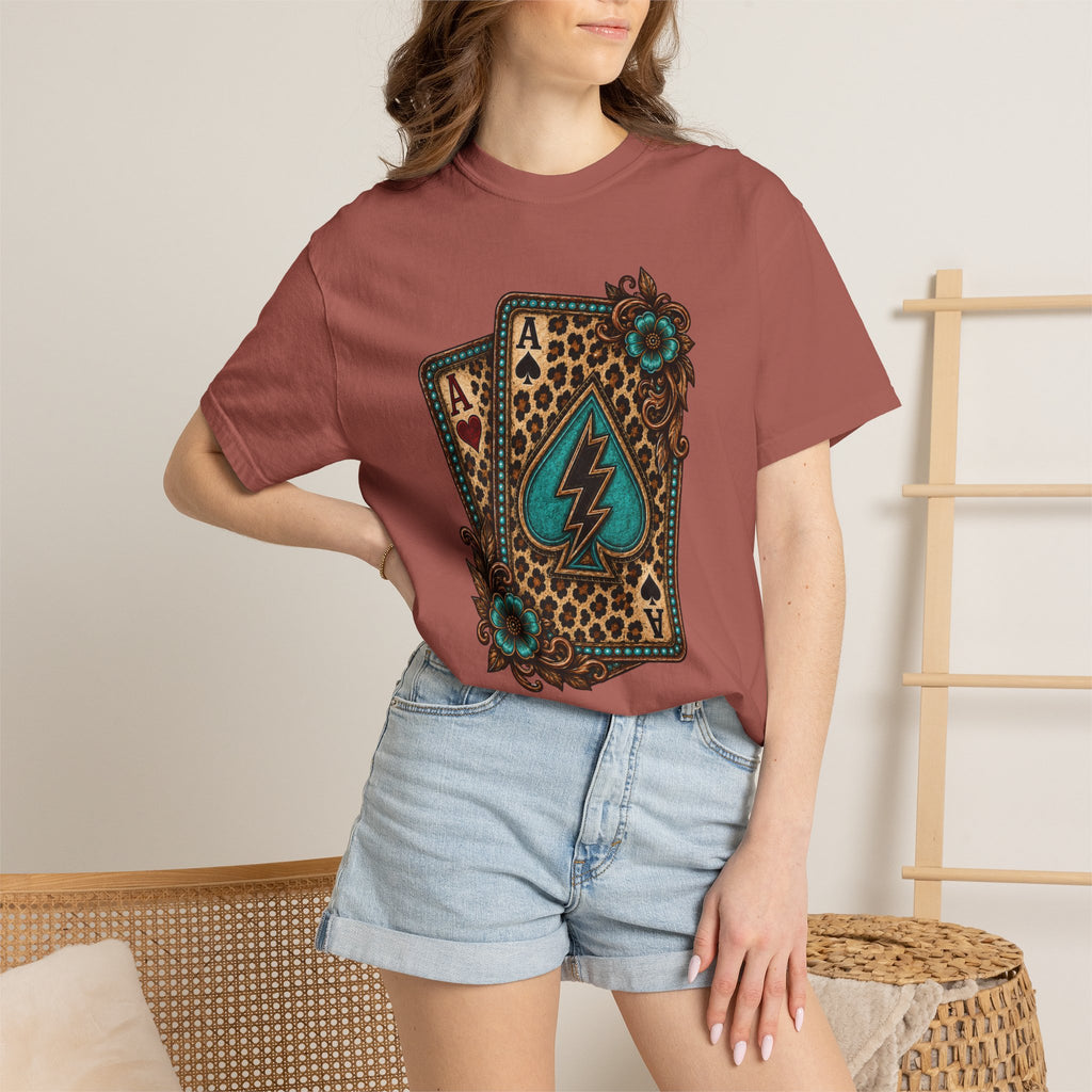 Leopard Ace Playing Cards T-Shirt — Turquoise Lightning Spade Graphic