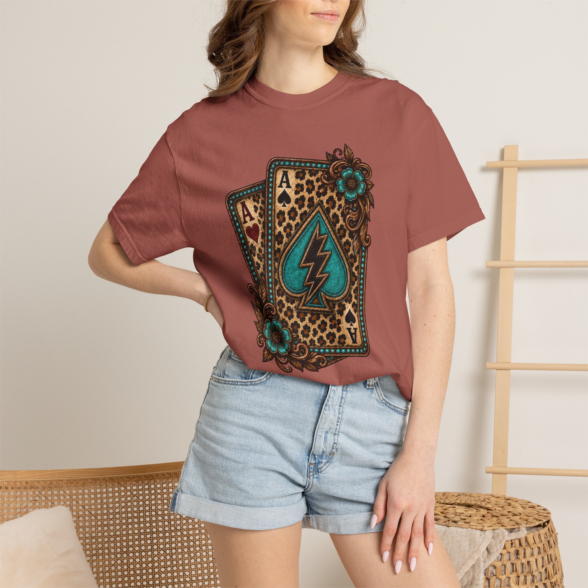 Leopard Ace Playing Cards T-Shirt — Turquoise Lightning Spade Graphic
