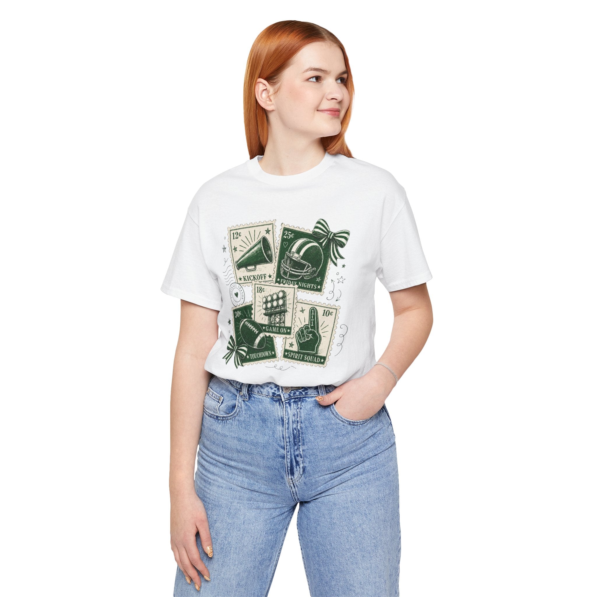 Vintage Sports Stamp Tee — Green Football & Fan Icons