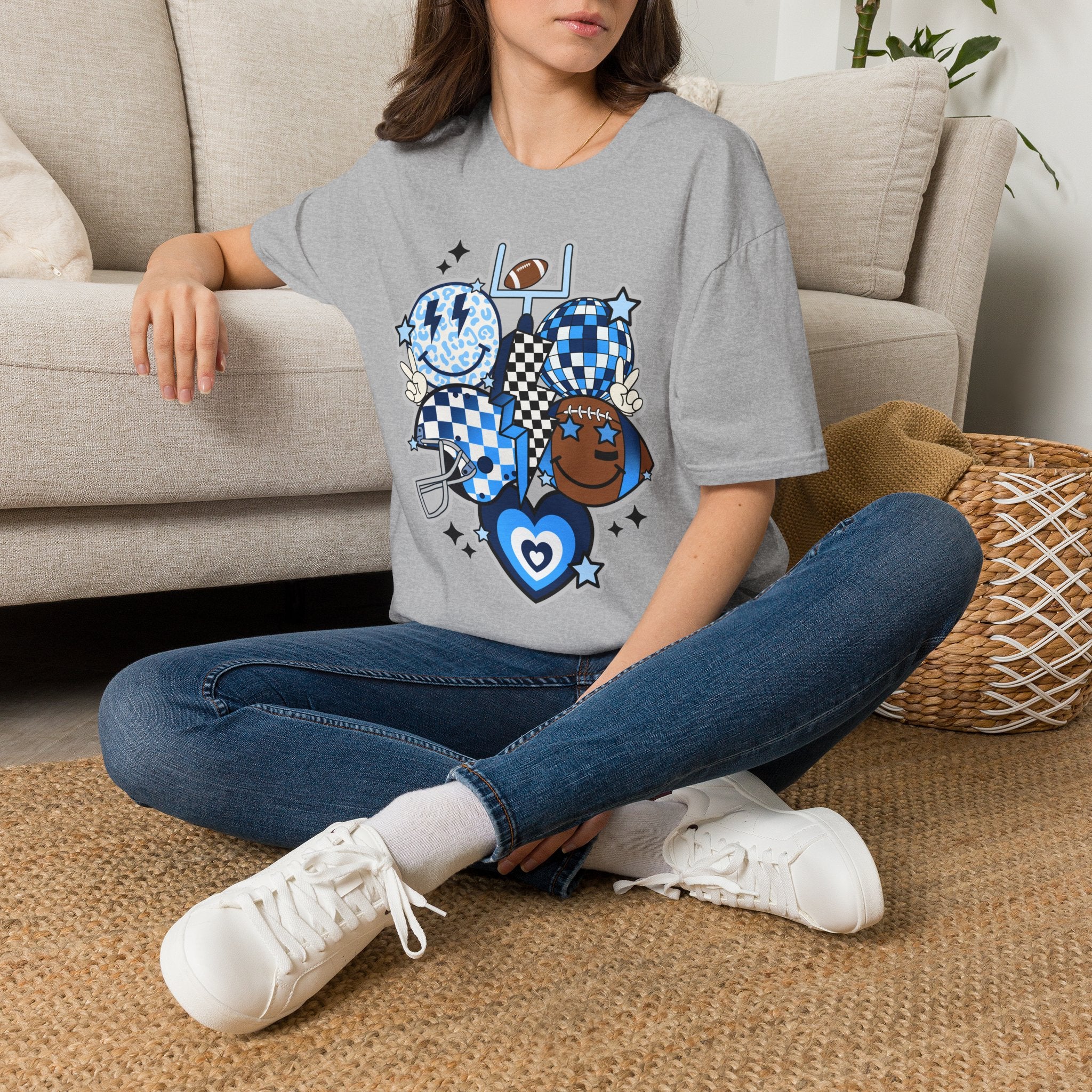 Blue Football Crew Graphic T‑Shirt — Checkerboard Smiley Tailgate Tee