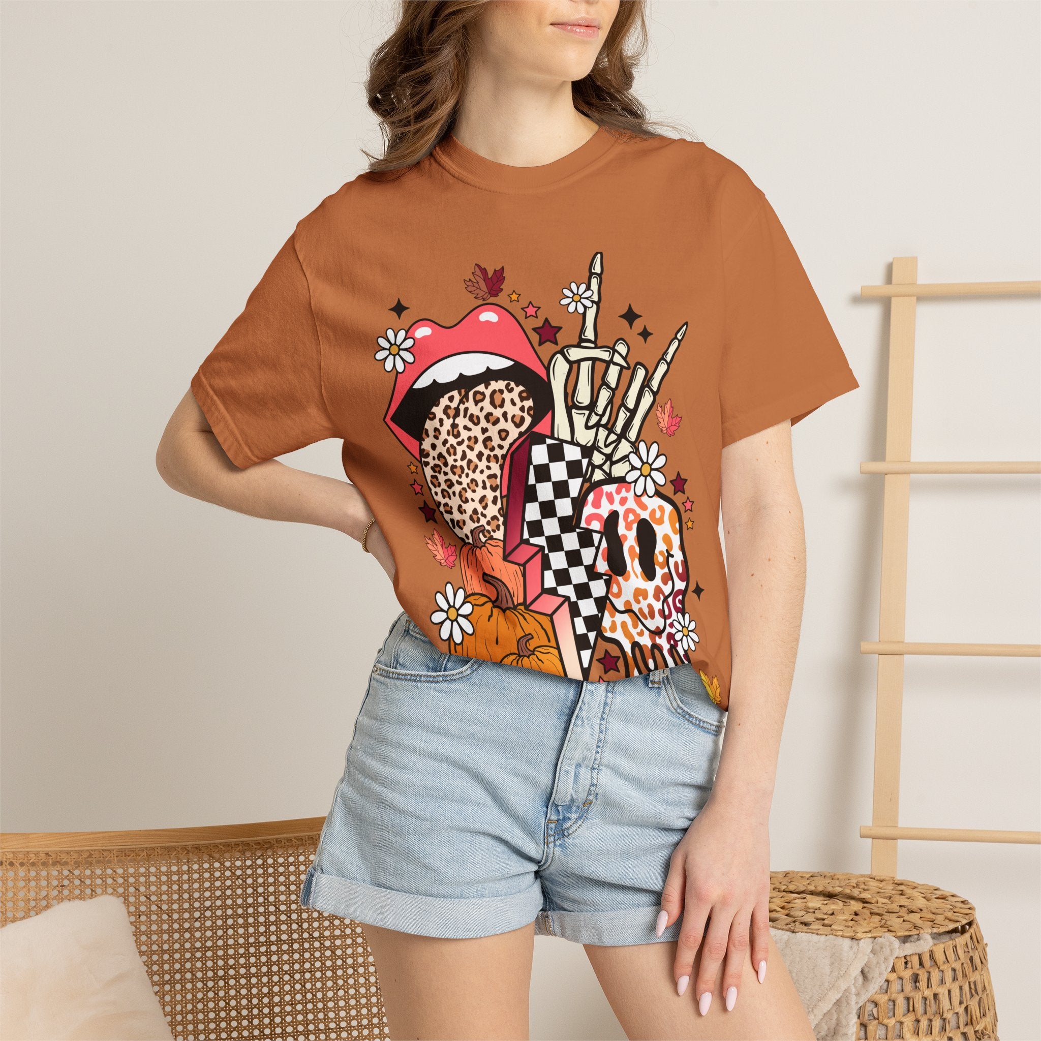 Graphic T-Shirt — Retro Halloween Collage (pumpkin, melting skull, checkerboard, leopard tongue)