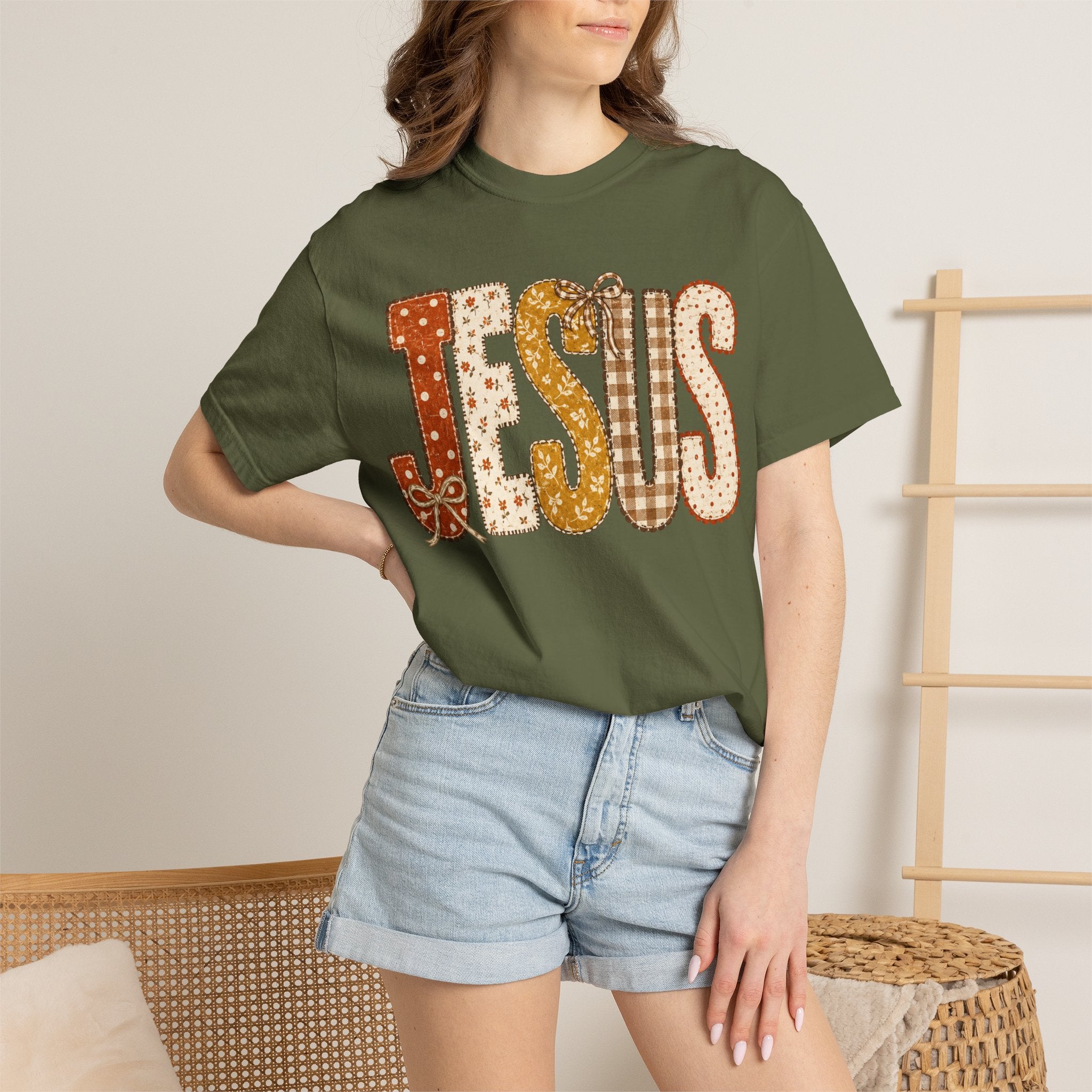 Jesus Patchwork T‑Shirt — Retro Plaid & Paisley Faith Tee