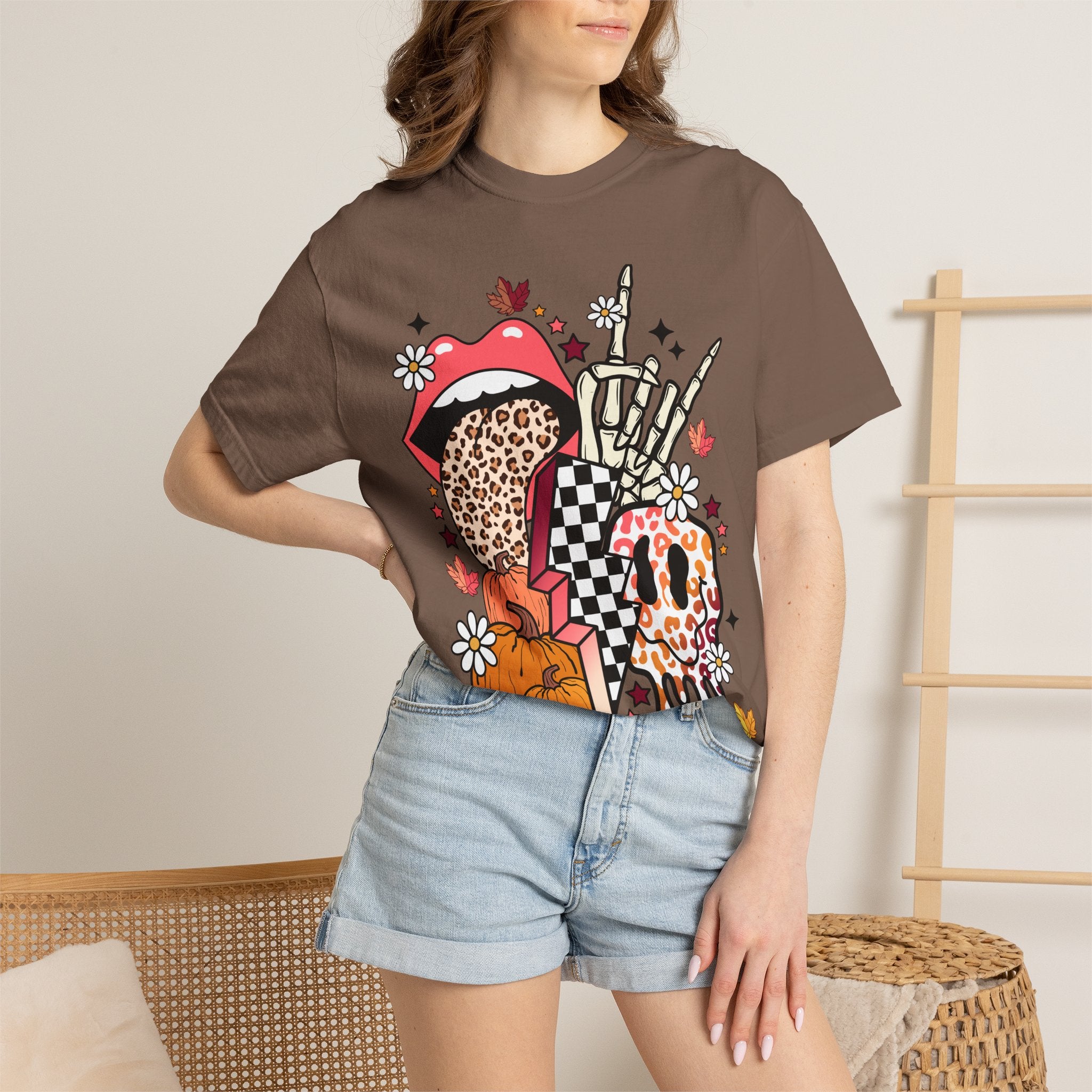Graphic T-Shirt — Retro Halloween Collage (pumpkin, melting skull, checkerboard, leopard tongue)