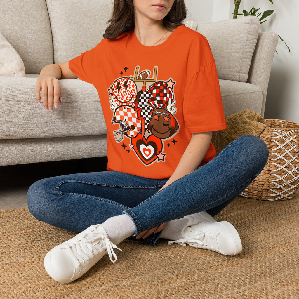 Checker Football Balloons Tee — Orange Game Day Shirt