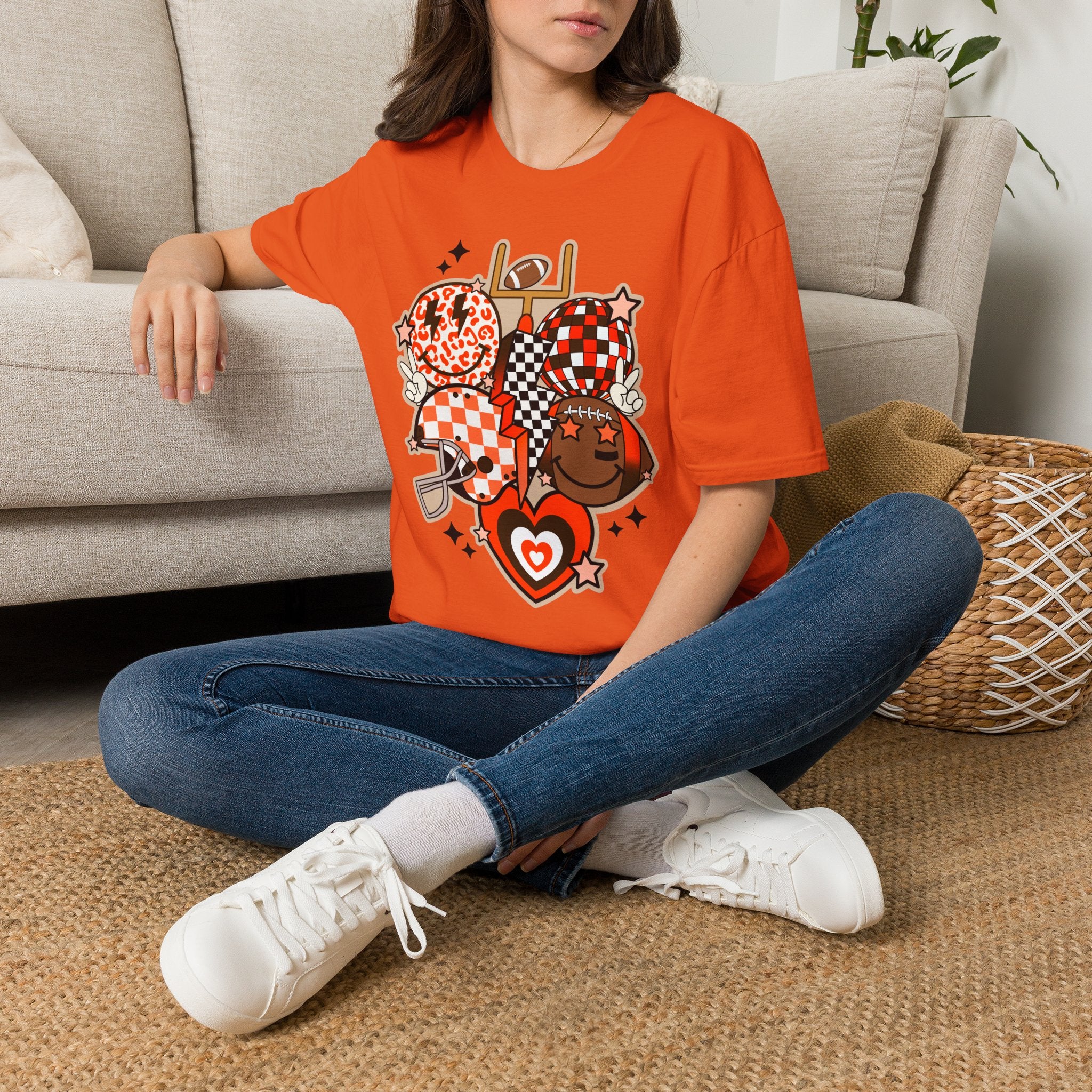 Checker Football Balloons Tee — Orange Game Day Shirt