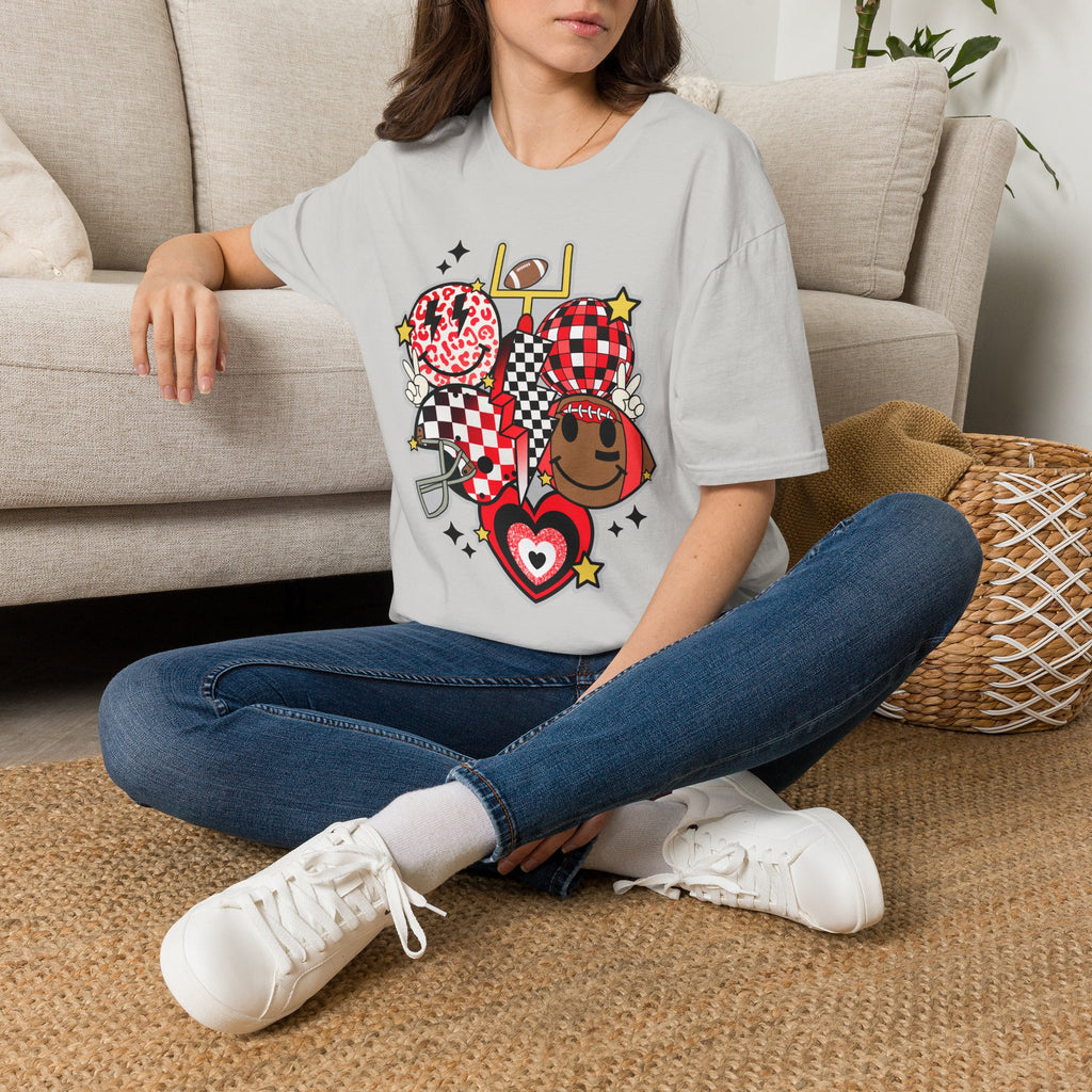 Football Love Graphic T-Shirt — Cute Checker & Heart Helmet Design
