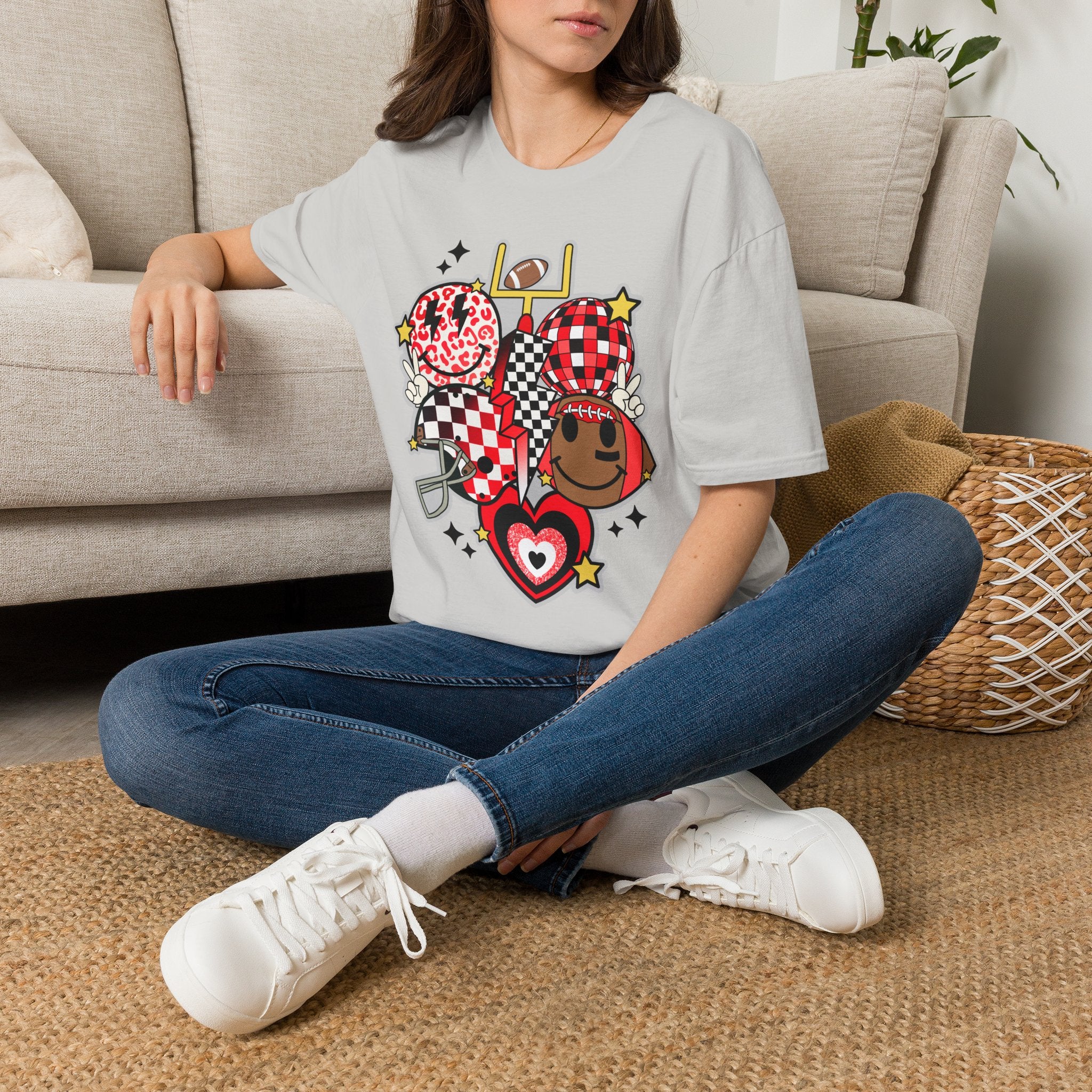 Football Love Graphic T-Shirt — Cute Checker & Heart Helmet Design