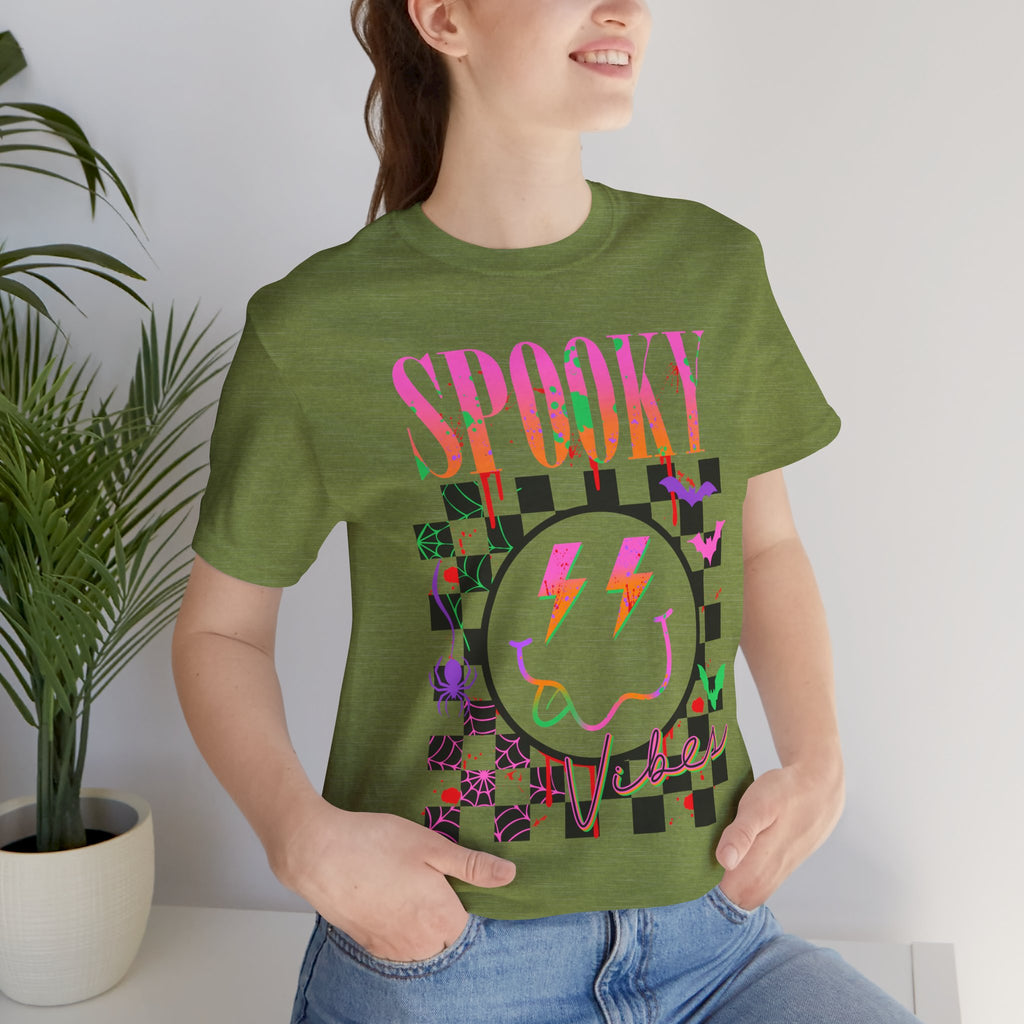 Spooky Checkerboard Tee — Neon Ghost Lightning Graphic T‑Shirt