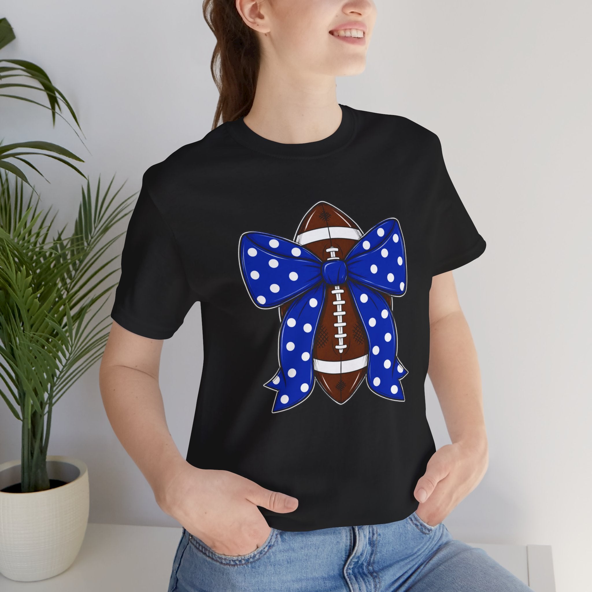 Football with Blue Polka Dot Bow T-Shirt