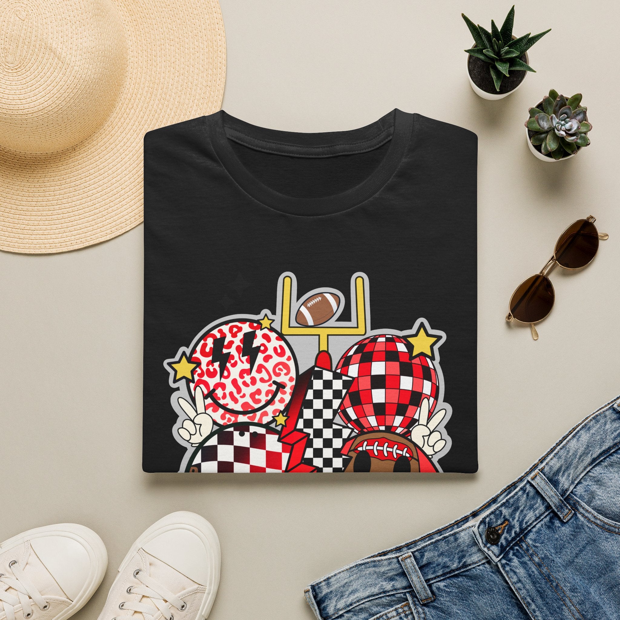Football Love Graphic T-Shirt — Cute Checker & Heart Helmet Design
