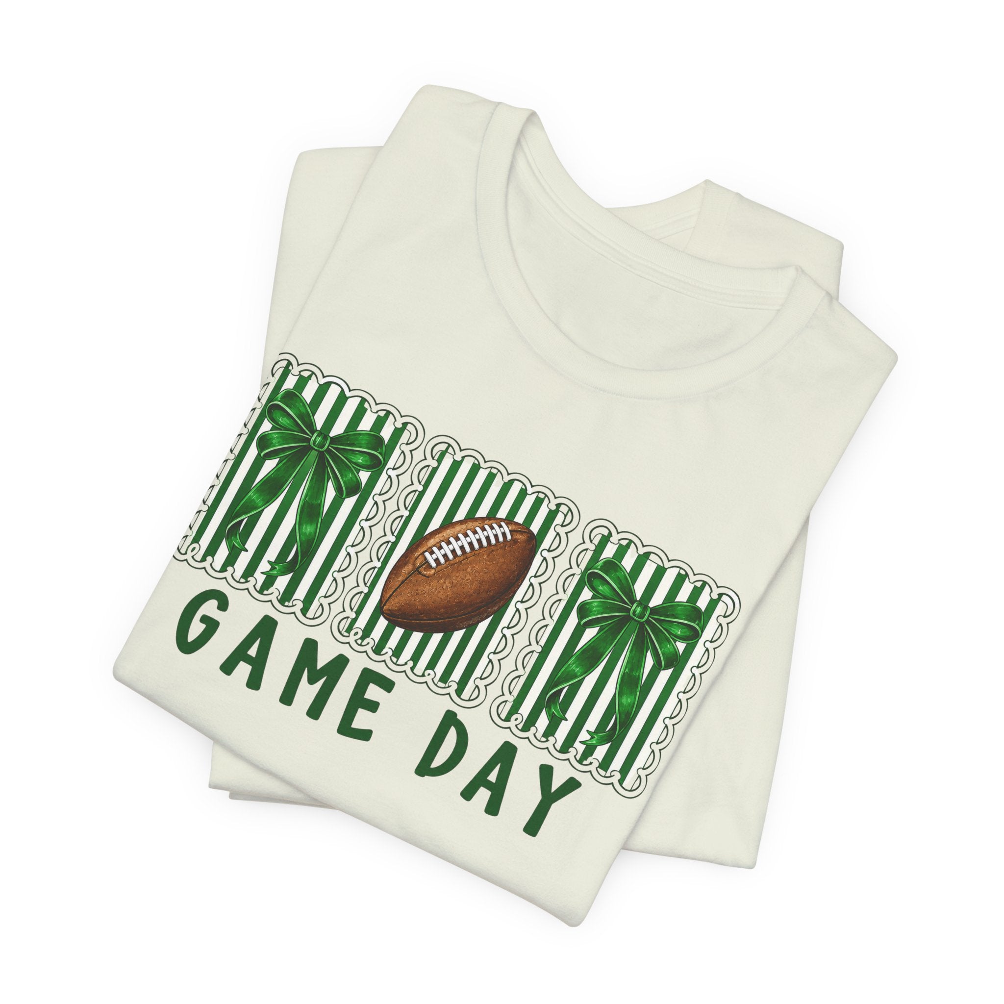 Game Day Football Tee — Green Striped Gift Box Design