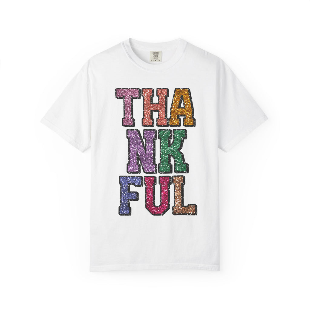 Thankful Glitter Block Tee - Colorful Thanksgiving Gratitude T-Shirt