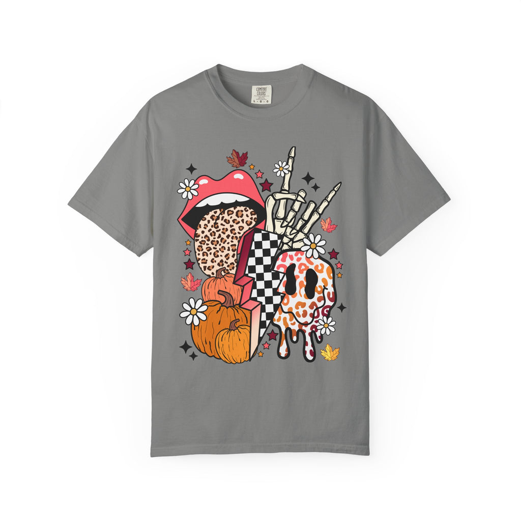 Graphic T-Shirt — Retro Halloween Collage (pumpkin, melting skull, checkerboard, leopard tongue)