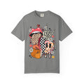 Graphic T-Shirt — Retro Halloween Collage (pumpkin, melting skull, checkerboard, leopard tongue)