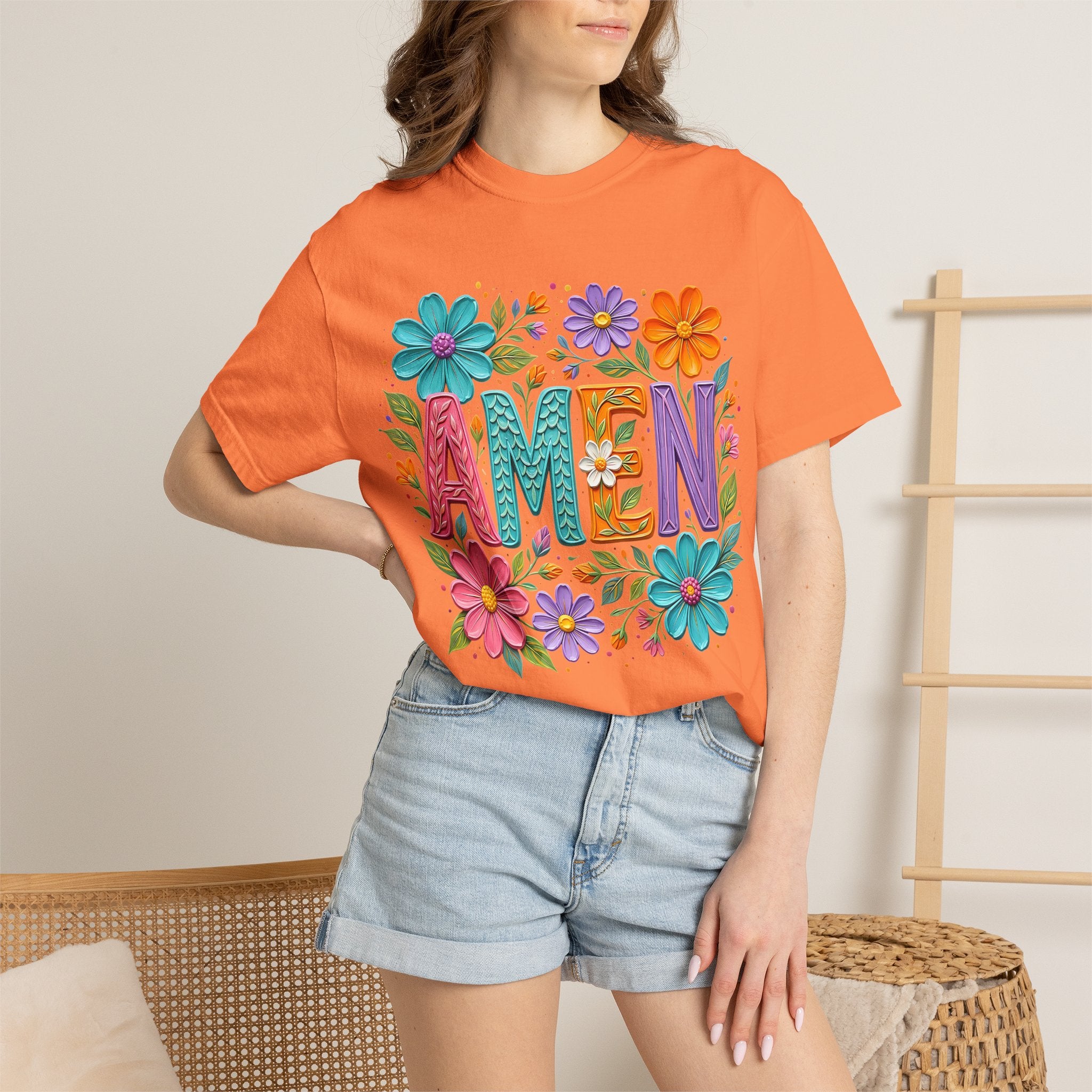 Amen Floral T-Shirt — Colorful Retro Flowers Graphic Tee