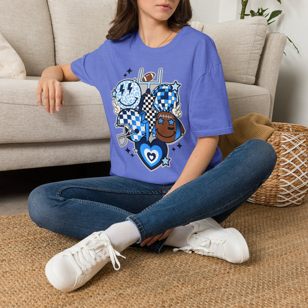 Blue Football Crew Graphic T‑Shirt — Checkerboard Smiley Tailgate Tee