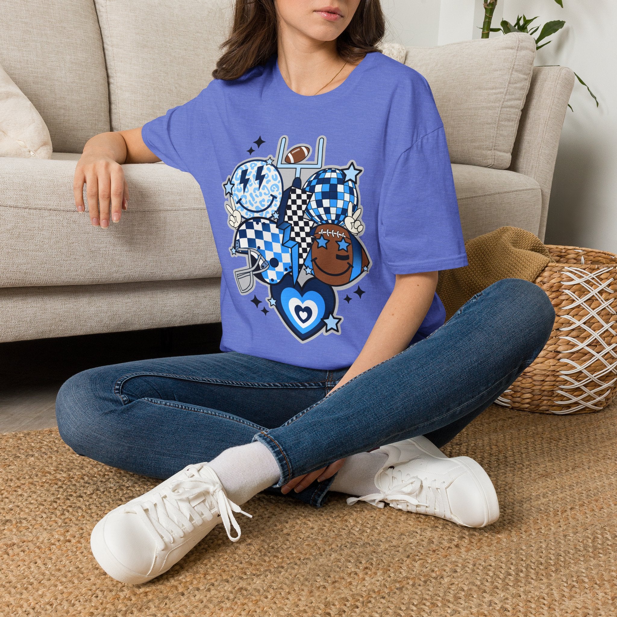 Blue Football Crew Graphic T‑Shirt — Checkerboard Smiley Tailgate Tee