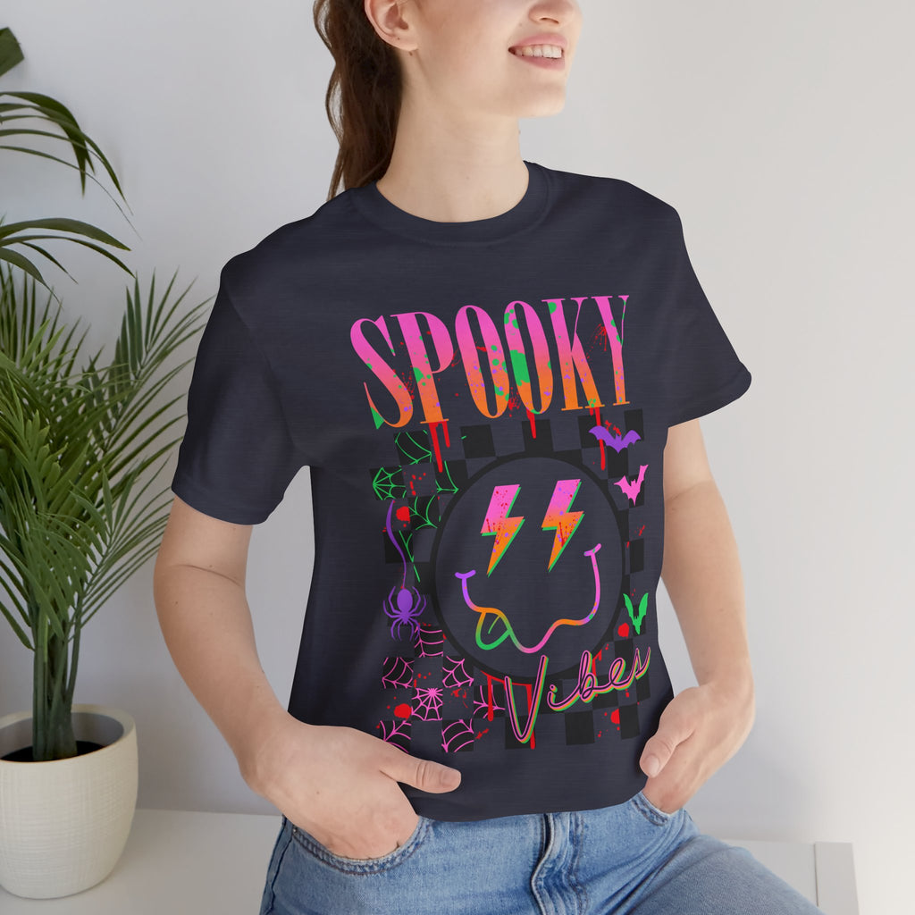 Spooky Checkerboard Tee — Neon Ghost Lightning Graphic T‑Shirt
