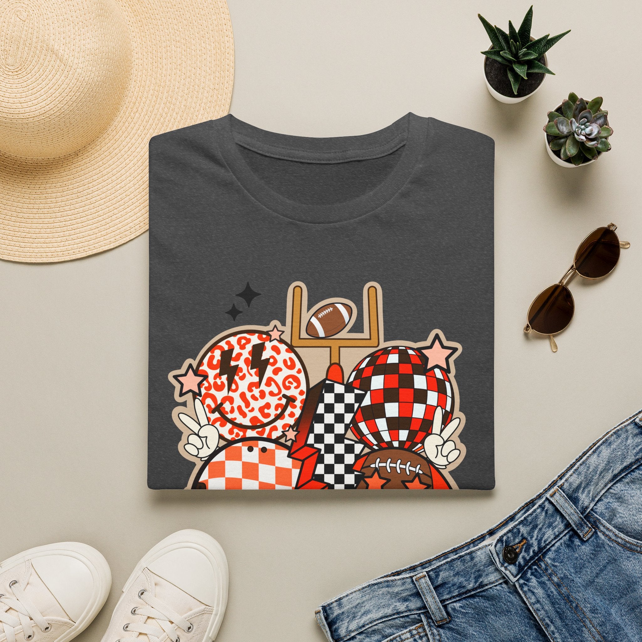 Checker Football Balloons Tee — Orange Game Day Shirt