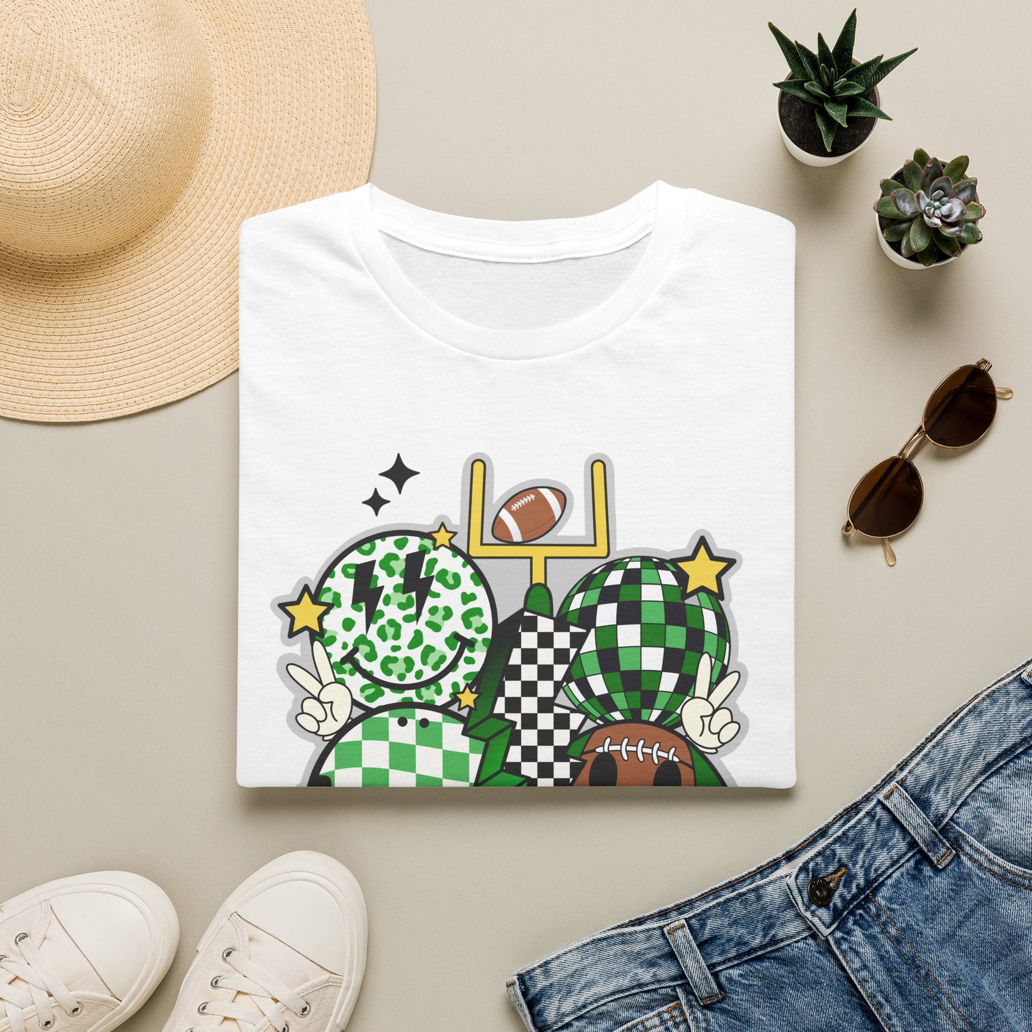 Football Green Checker Crewneck T-Shirt — St. Patrick’s Game Day Graphic