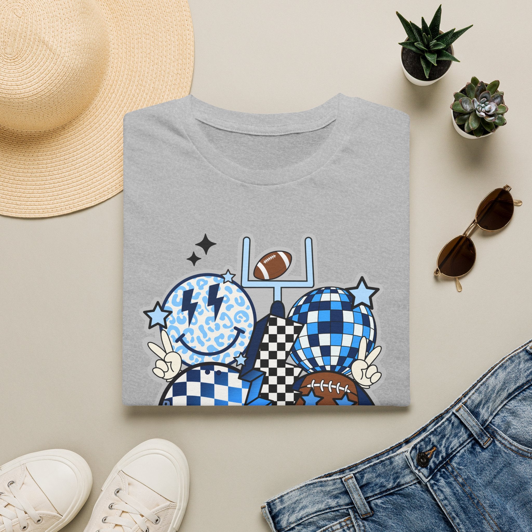 Blue Football Crew Graphic T‑Shirt — Checkerboard Smiley Tailgate Tee