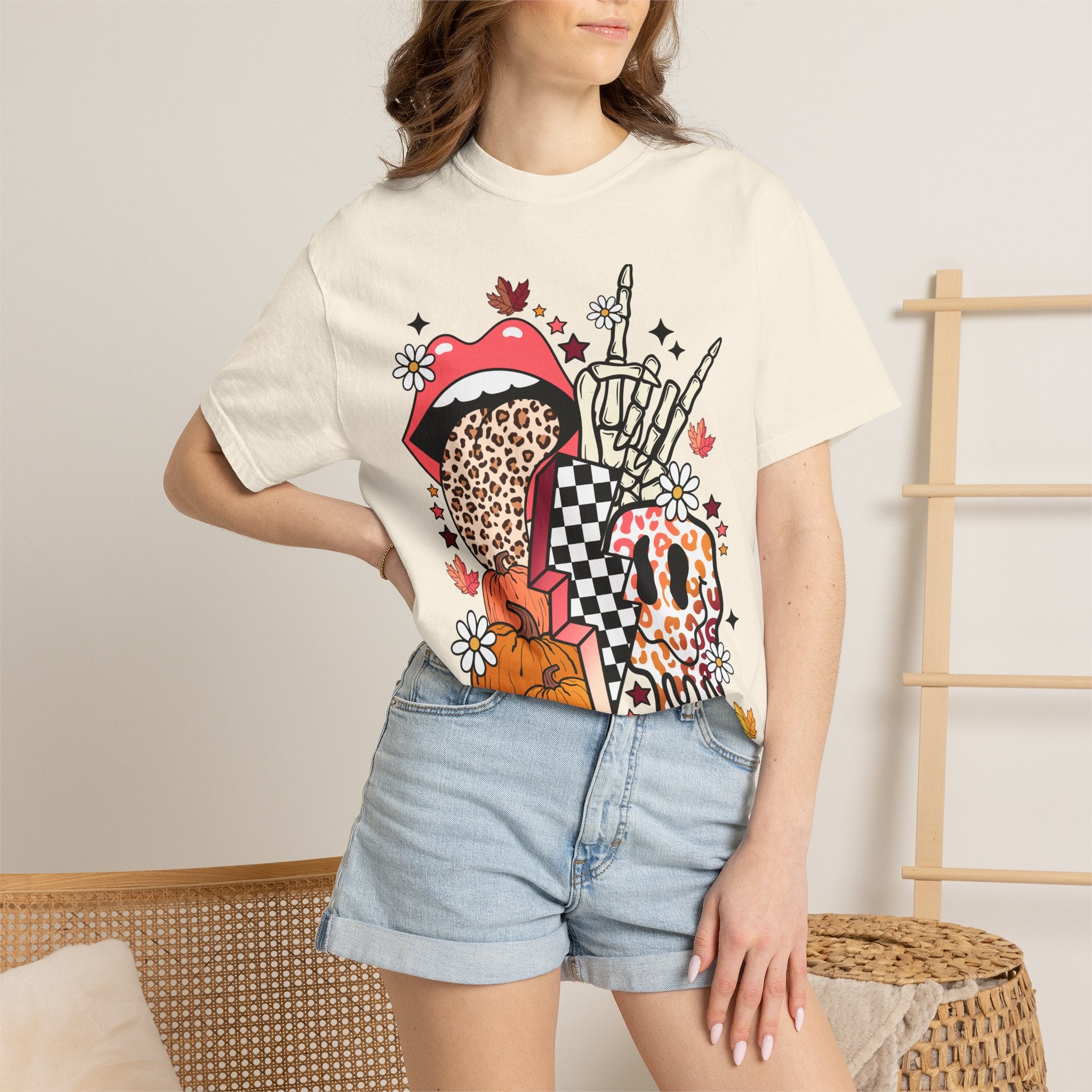 Graphic T-Shirt — Retro Halloween Collage (pumpkin, melting skull, checkerboard, leopard tongue)