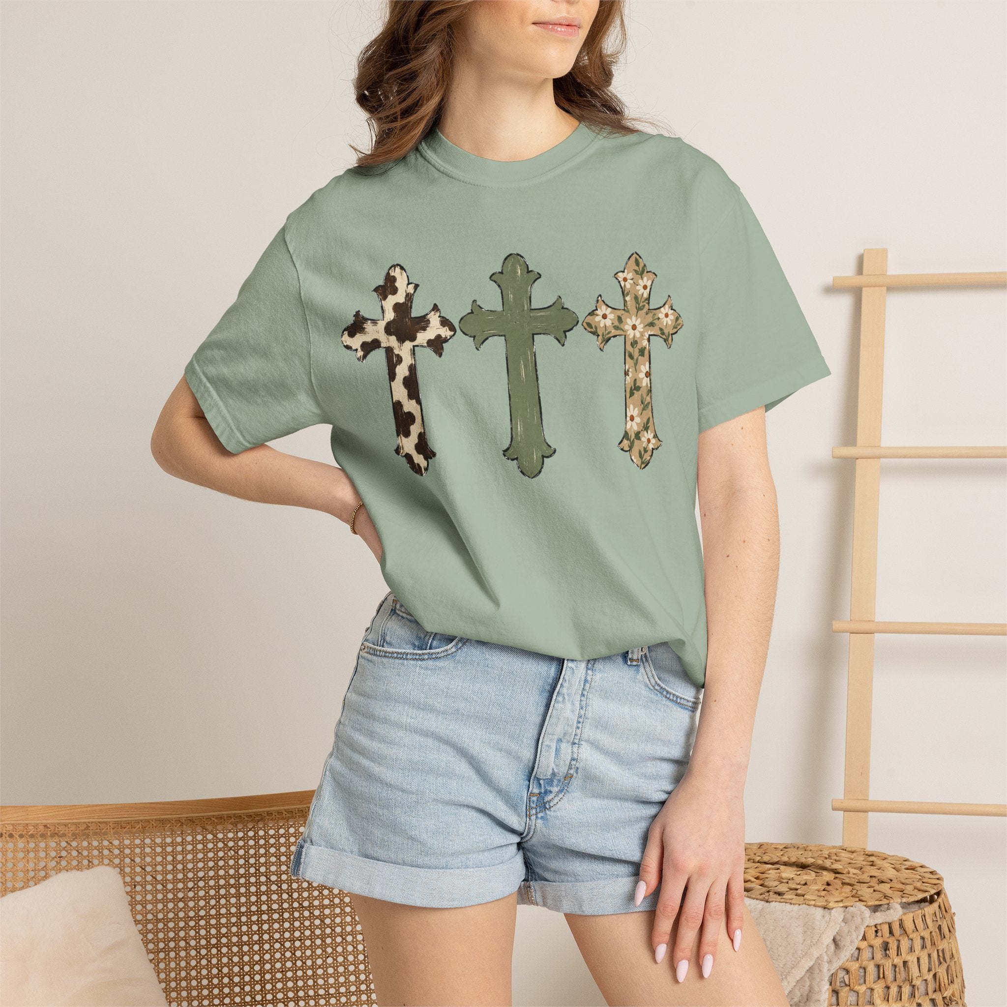 Cowhide Crosses T‑Shirt — Southwestern Floral Christian Tee