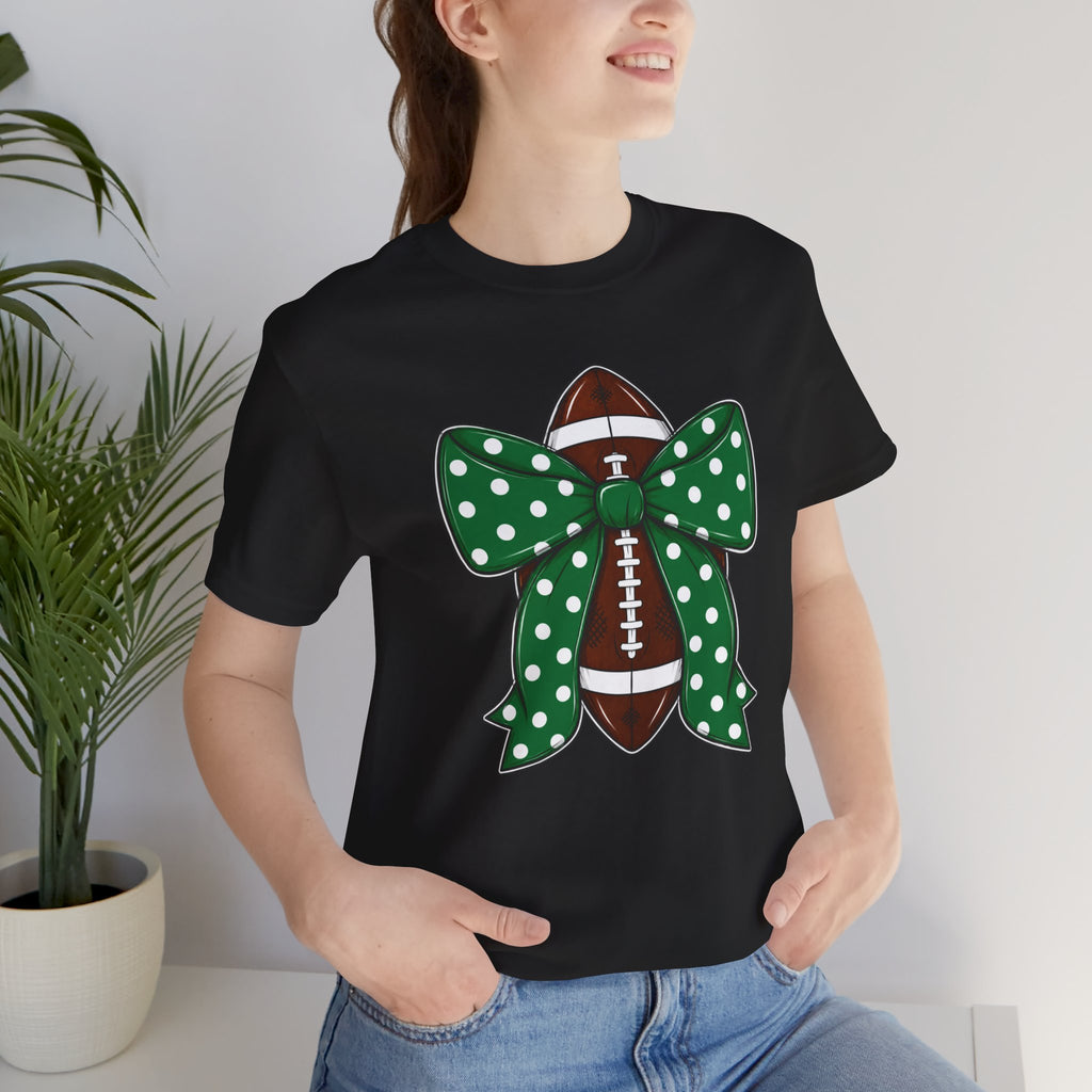 Football Bow T-Shirt — Green Polka Dot Bow Over Football Graphic