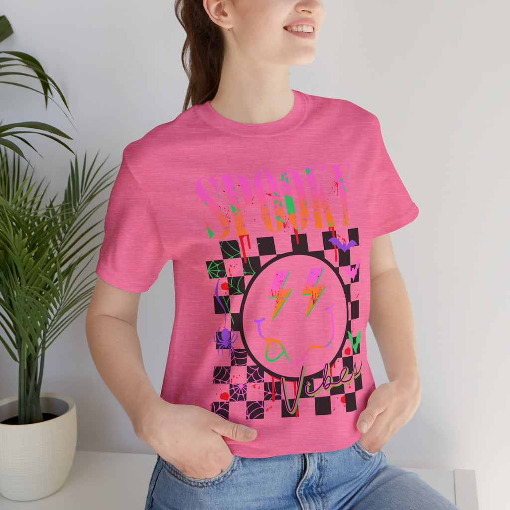 Spooky Checkerboard Tee — Neon Ghost Lightning Graphic T‑Shirt