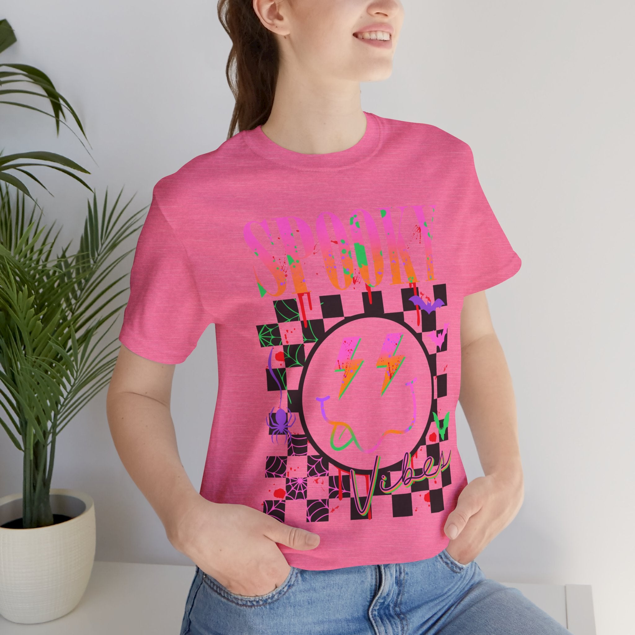 Spooky Checkerboard Tee — Neon Ghost Lightning Graphic T‑Shirt