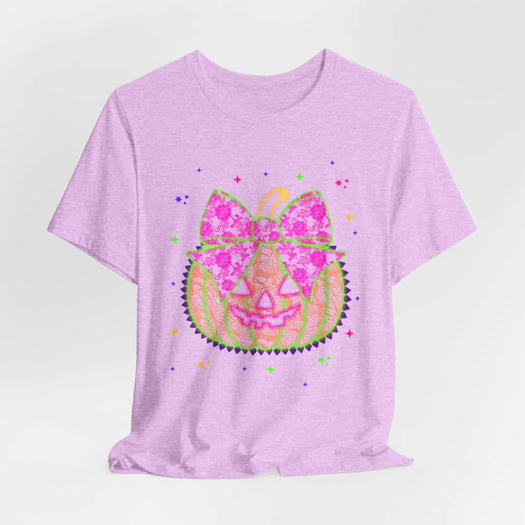 Neon Pumpkin Bow T-Shirt — Cute Glowing Halloween Jack-O'-Lantern Tee