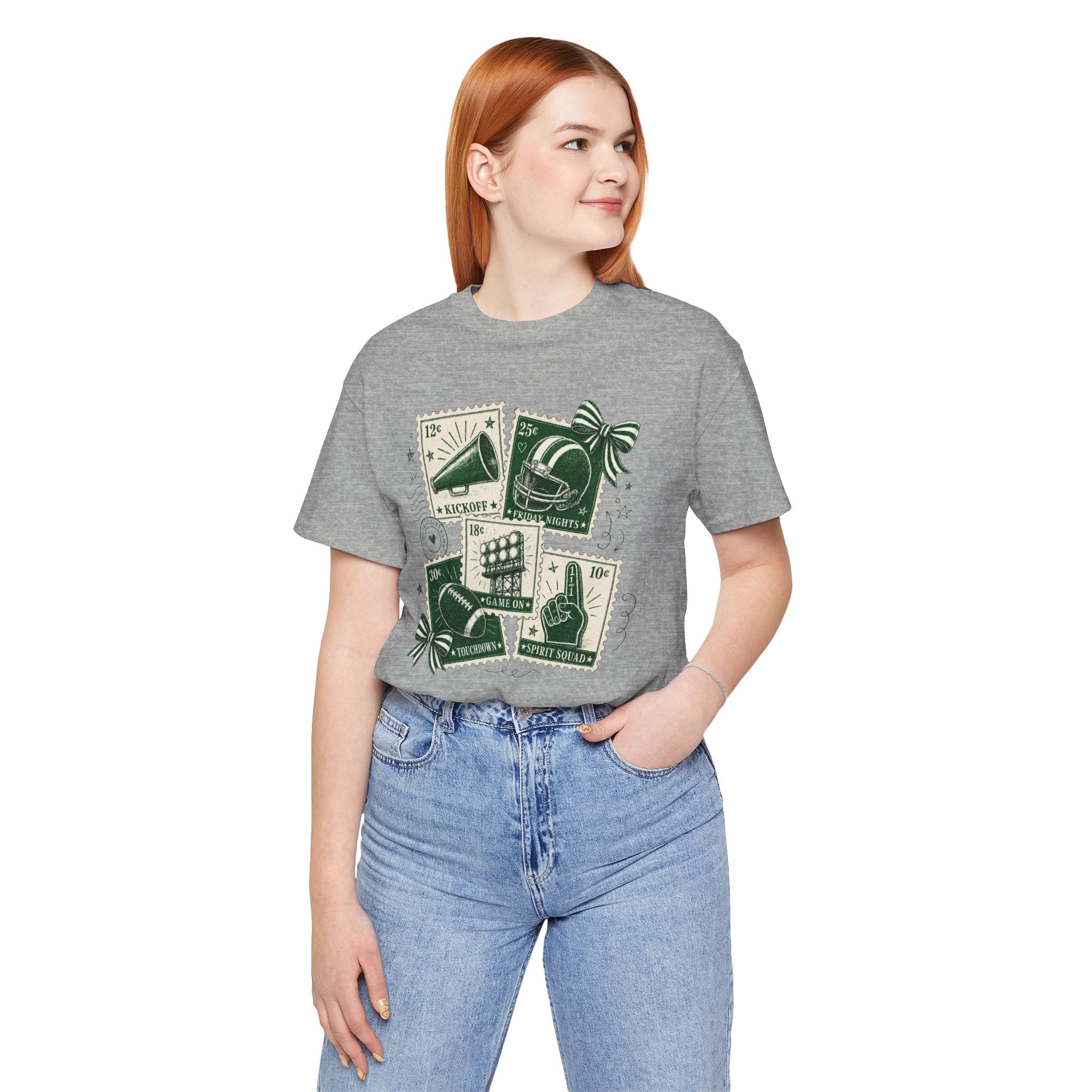 Vintage Sports Stamp Tee — Green Football & Fan Icons