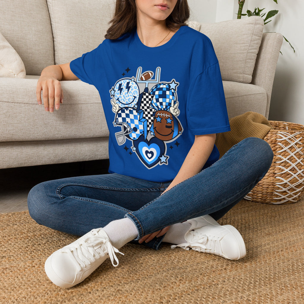 Blue Football Crew Graphic T‑Shirt — Checkerboard Smiley Tailgate Tee
