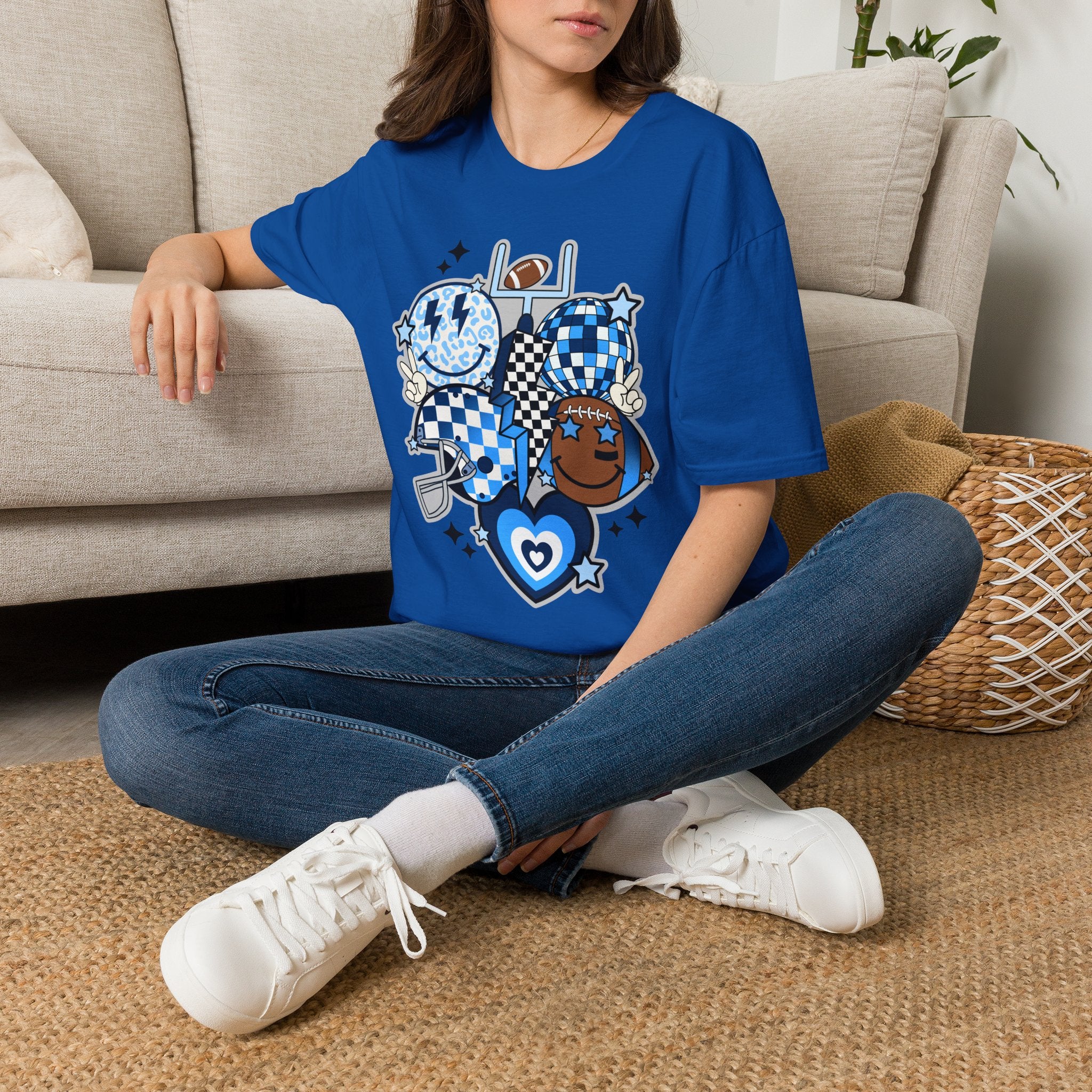 Blue Football Crew Graphic T‑Shirt — Checkerboard Smiley Tailgate Tee