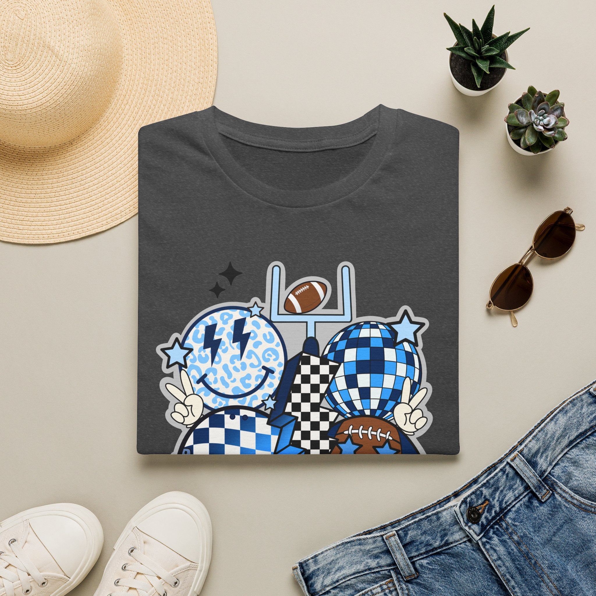 Blue Football Crew Graphic T‑Shirt — Checkerboard Smiley Tailgate Tee