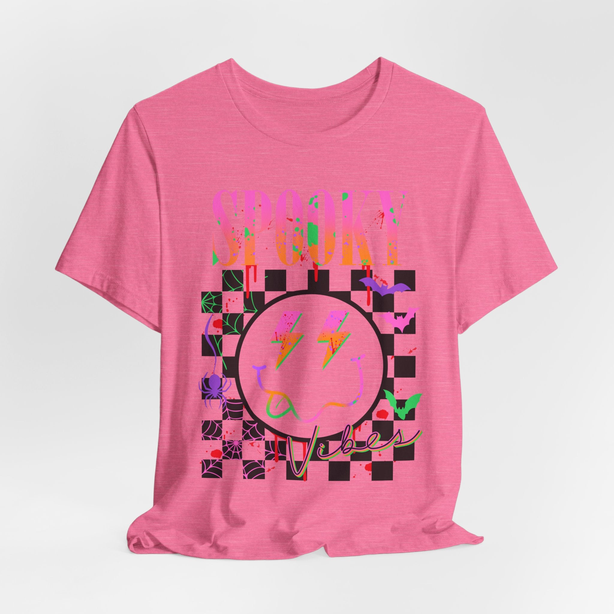 Spooky Checkerboard Tee — Neon Ghost Lightning Graphic T‑Shirt