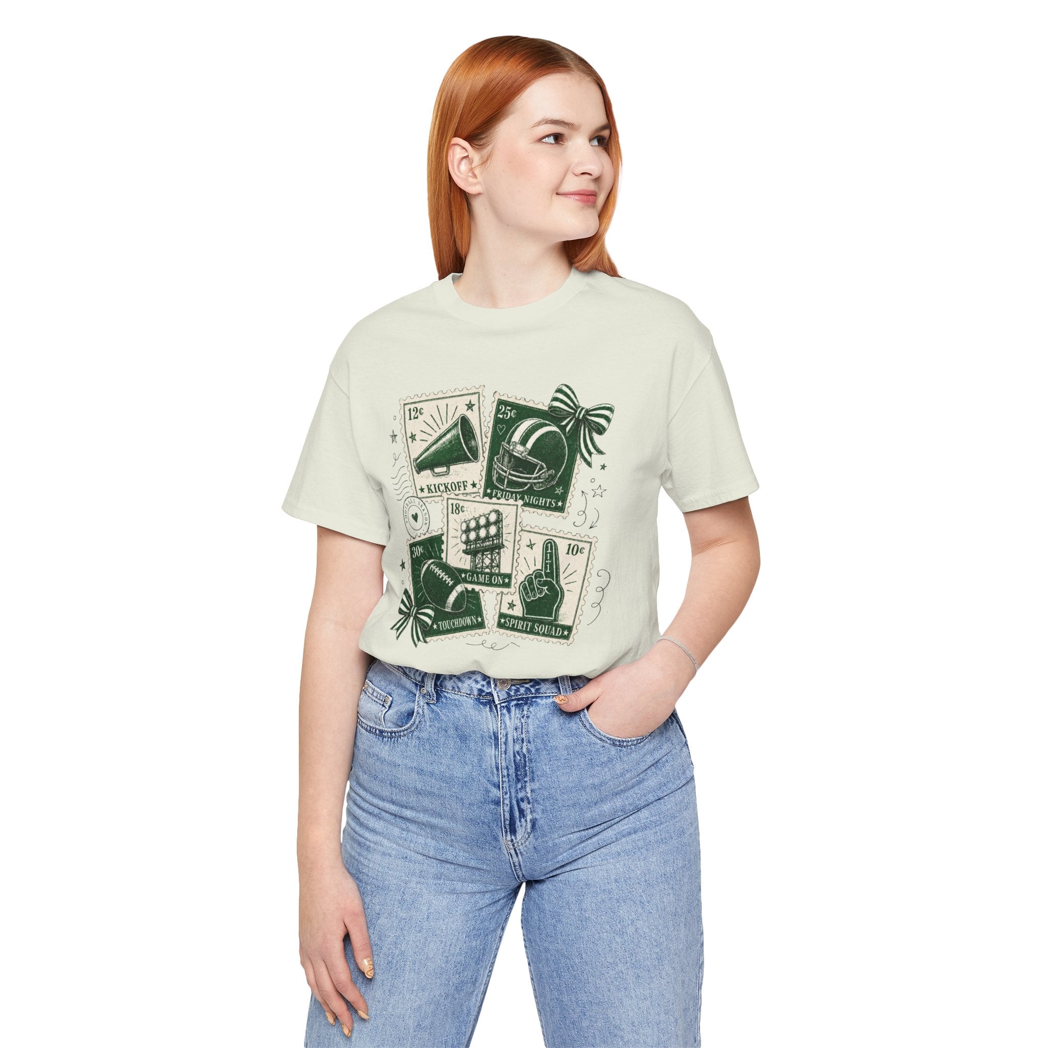 Vintage Sports Stamp Tee — Green Football & Fan Icons