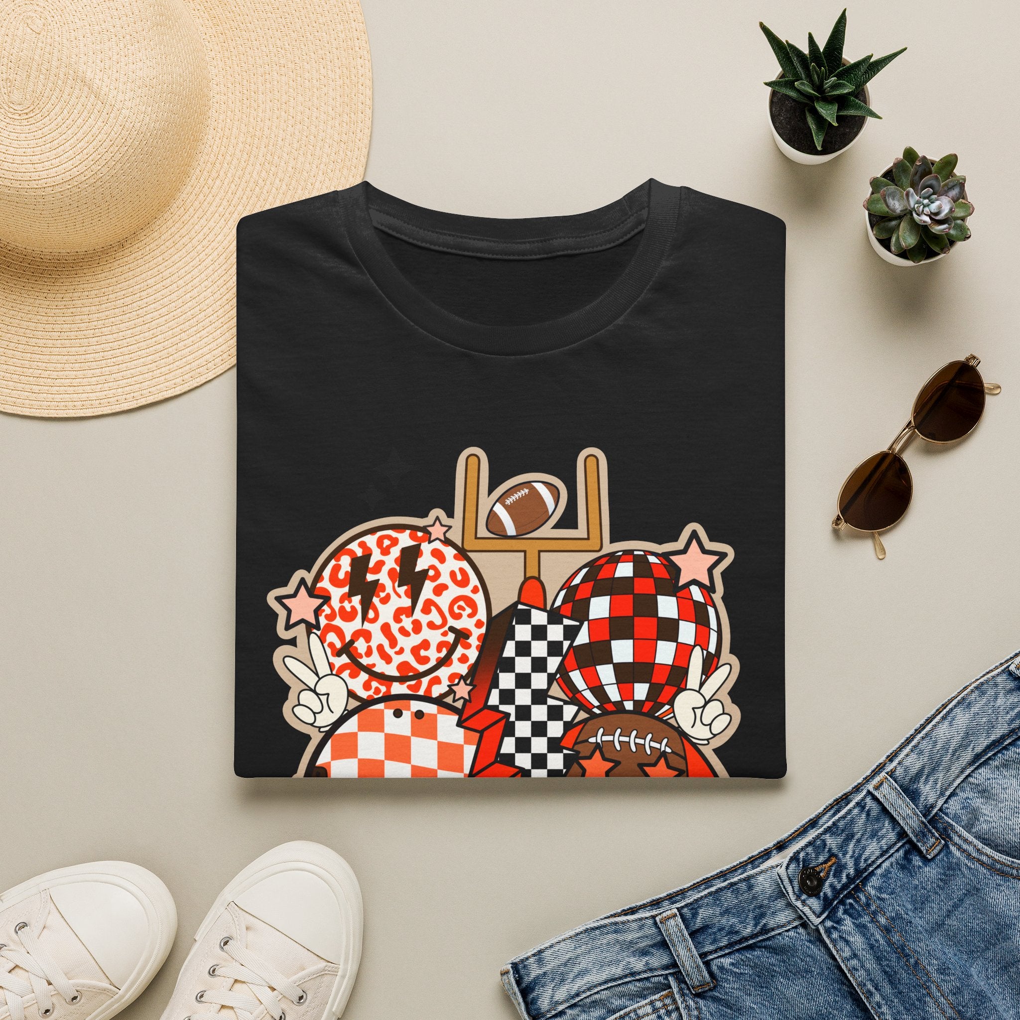 Checker Football Balloons Tee — Orange Game Day Shirt