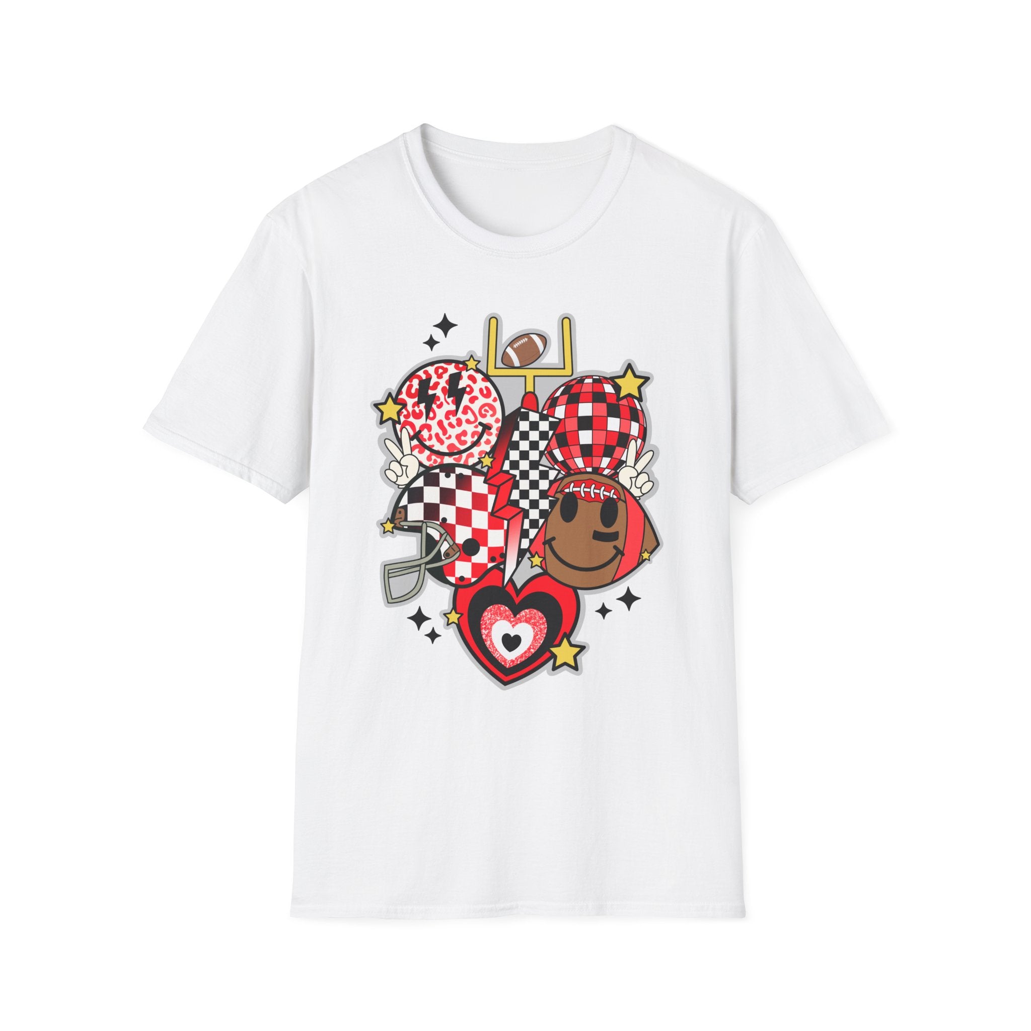Football Love Graphic T-Shirt — Cute Checker & Heart Helmet Design
