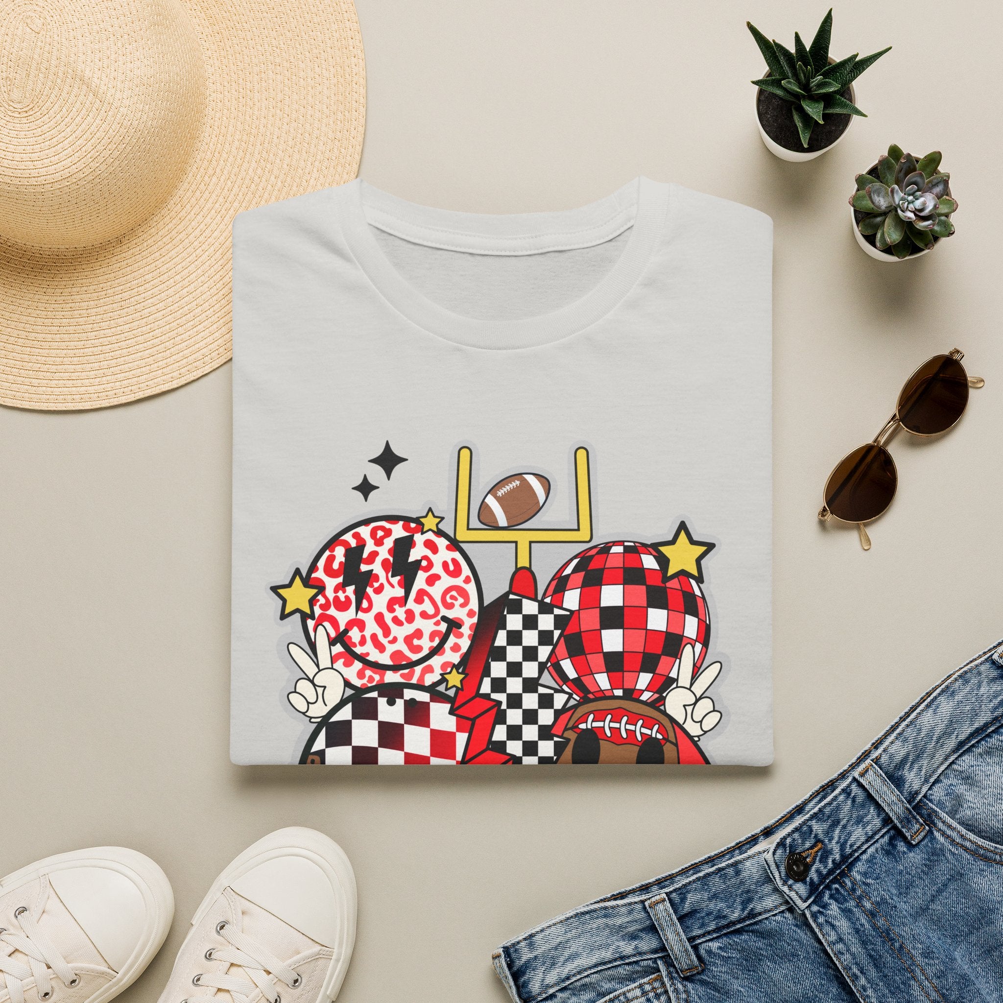 Football Love Graphic T-Shirt — Cute Checker & Heart Helmet Design