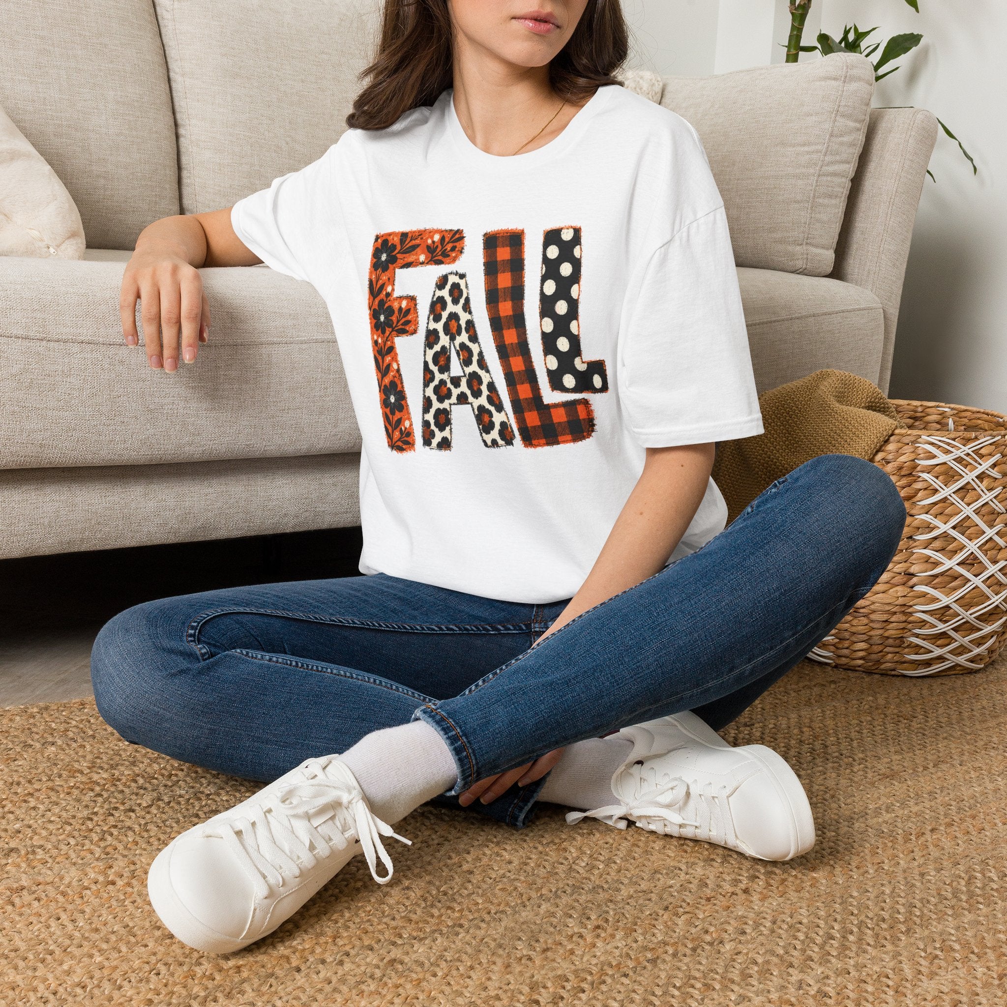 Fall Pattern Lettering T-Shirt — Plaid, Leopard & Polka Dot Seasonal Tee