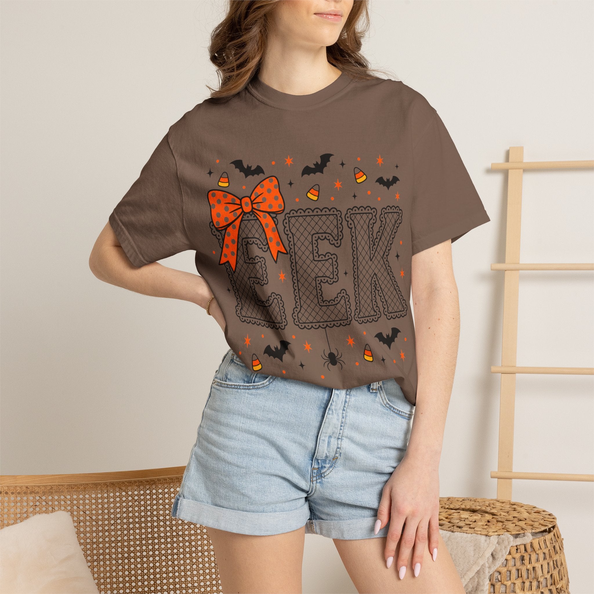 Halloween "EEK" T-Shirt with Orange Bow & Candy Corn Design