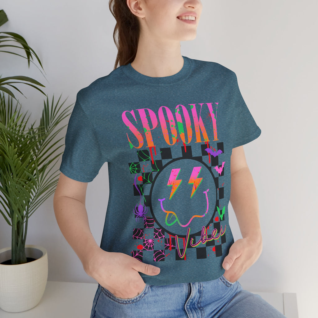 Spooky Checkerboard Tee — Neon Ghost Lightning Graphic T‑Shirt